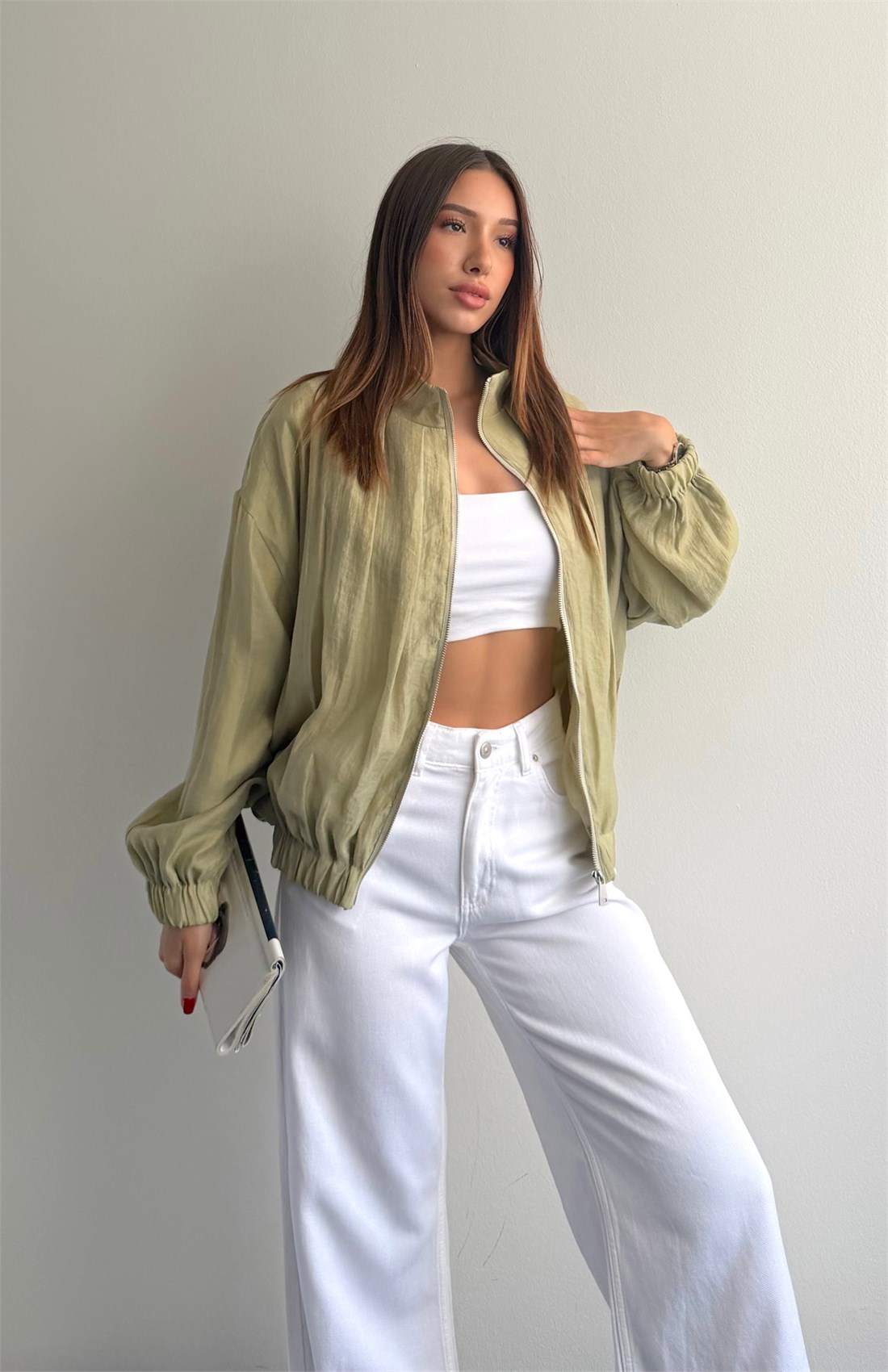 Fermuarlı Düz Tül Bomber YEŞİL