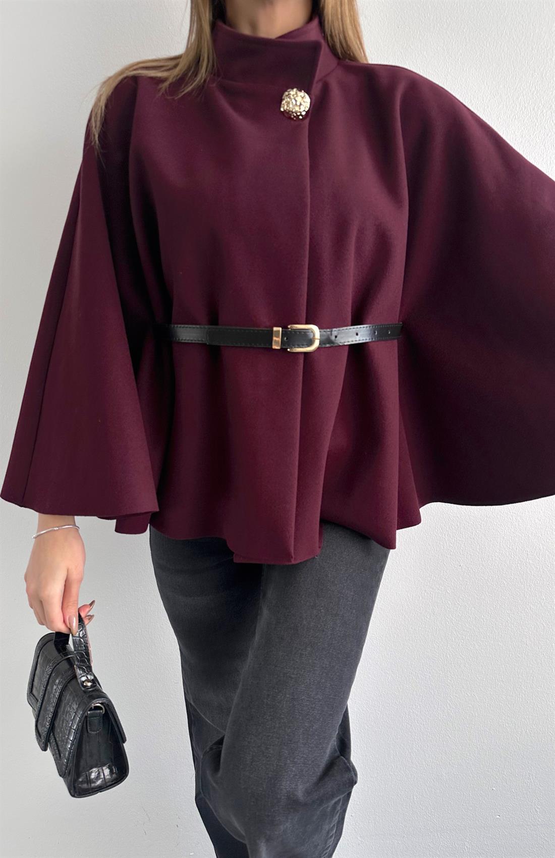 Hakim Yaka Kemer Detaylı Panço Ceket MÜRDÜM