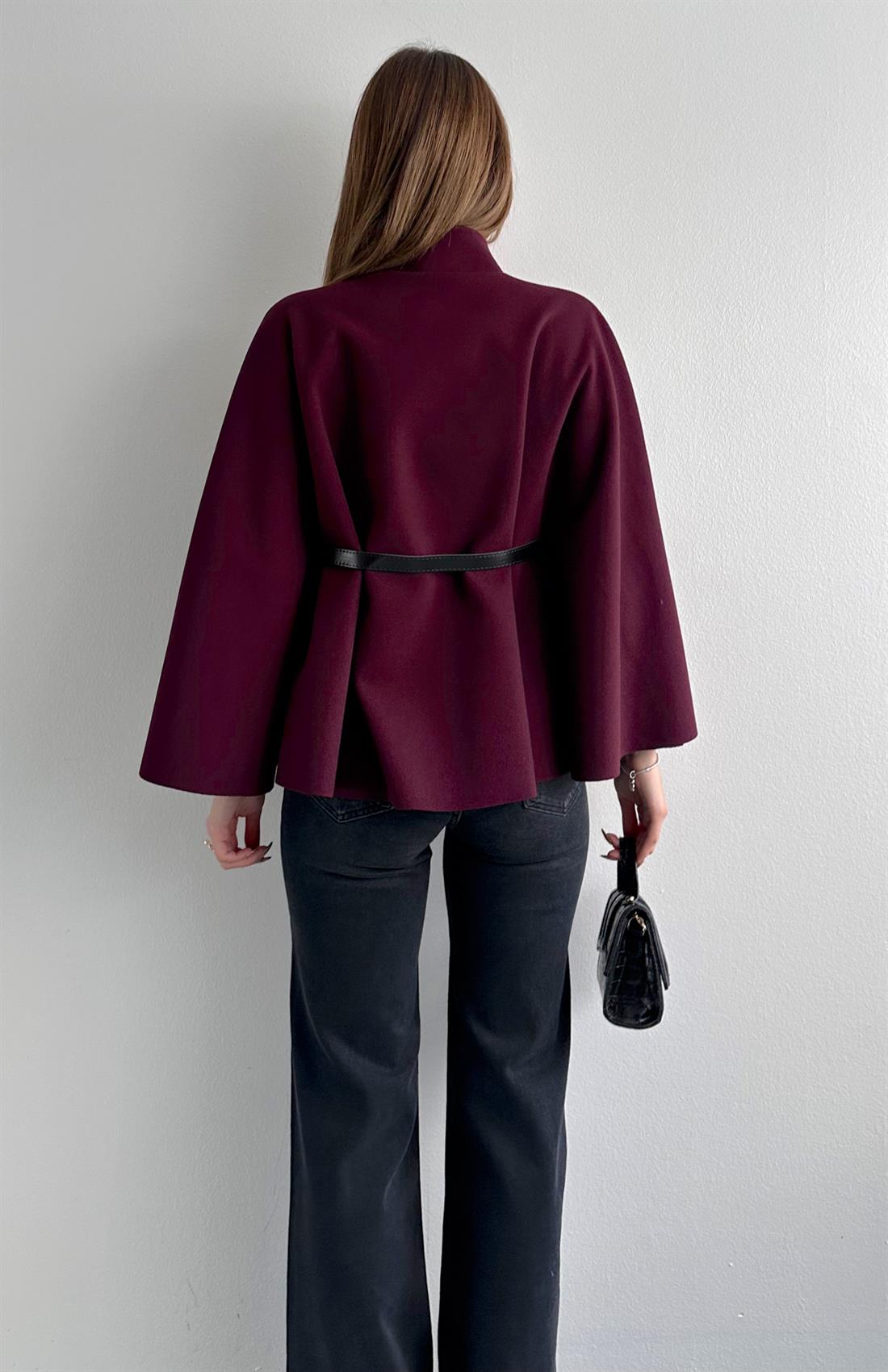 Hakim Yaka Kemer Detaylı Panço Ceket MÜRDÜM