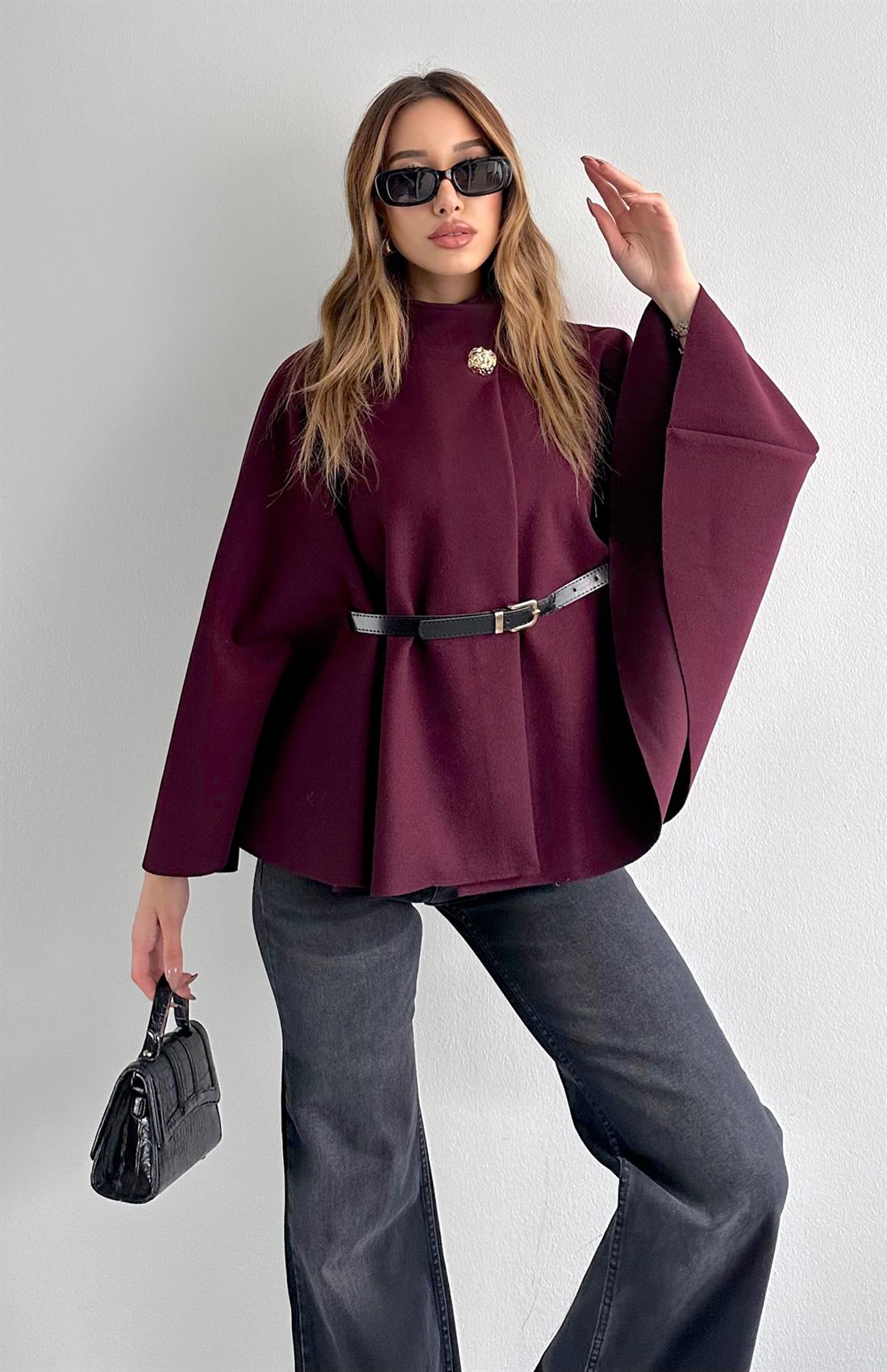 Hakim Yaka Kemer Detaylı Panço Ceket MÜRDÜM