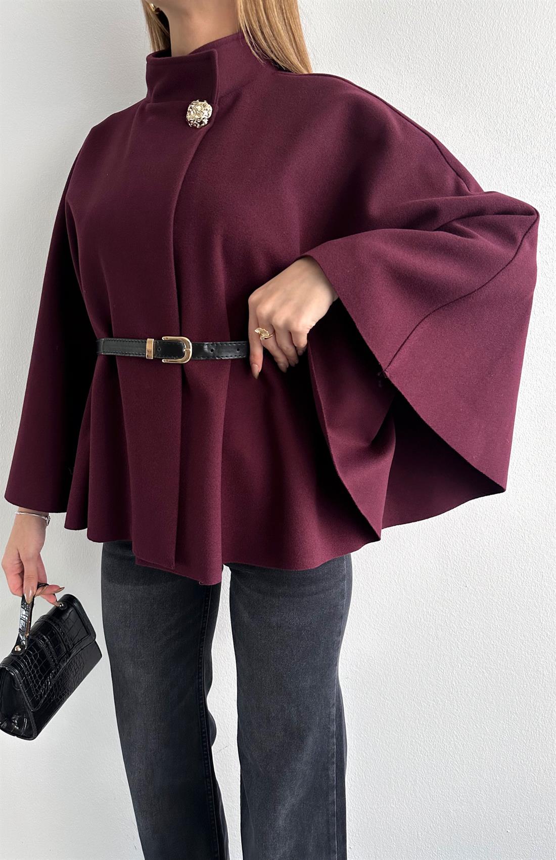 Hakim Yaka Kemer Detaylı Panço Ceket MÜRDÜM