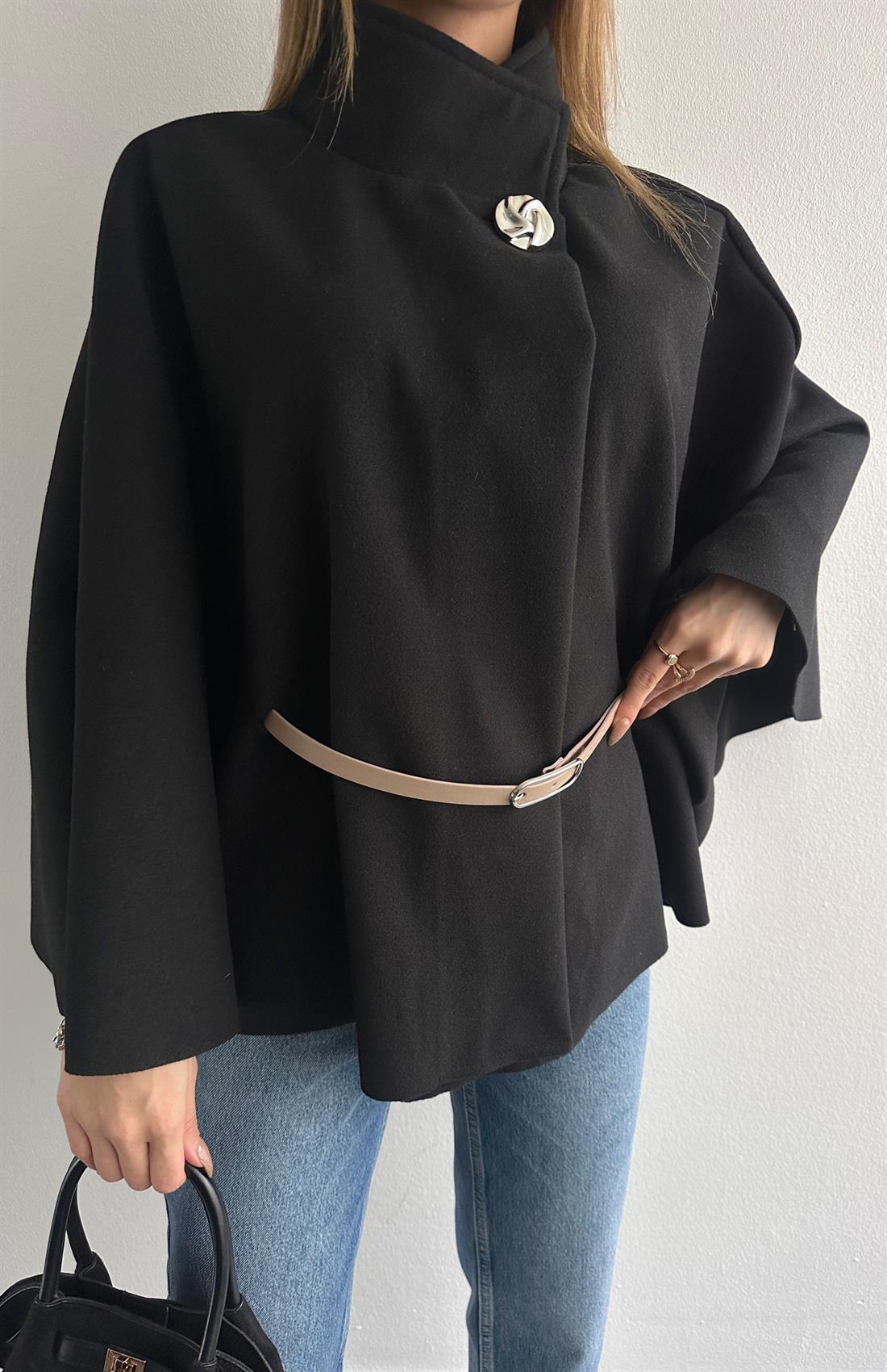 Kemerli Panço Ceket SİYAH