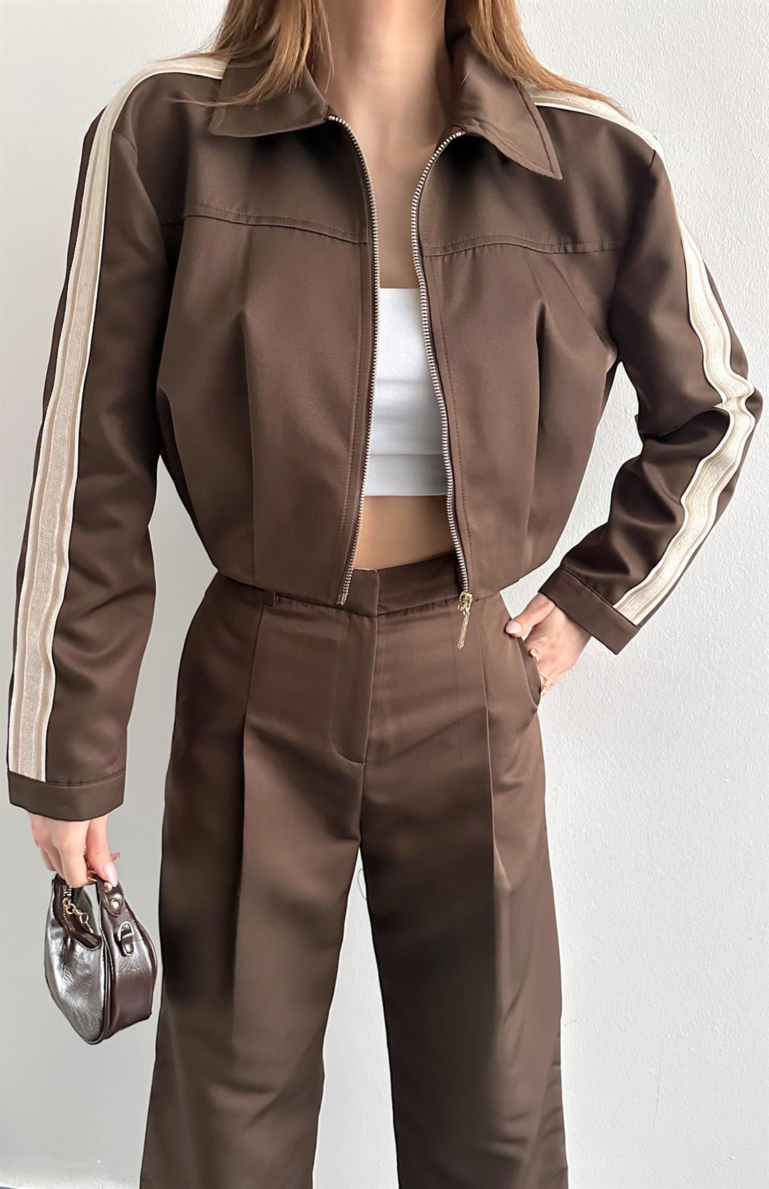 Şerit Detaylı Crop Ceket KAHVERENGİ