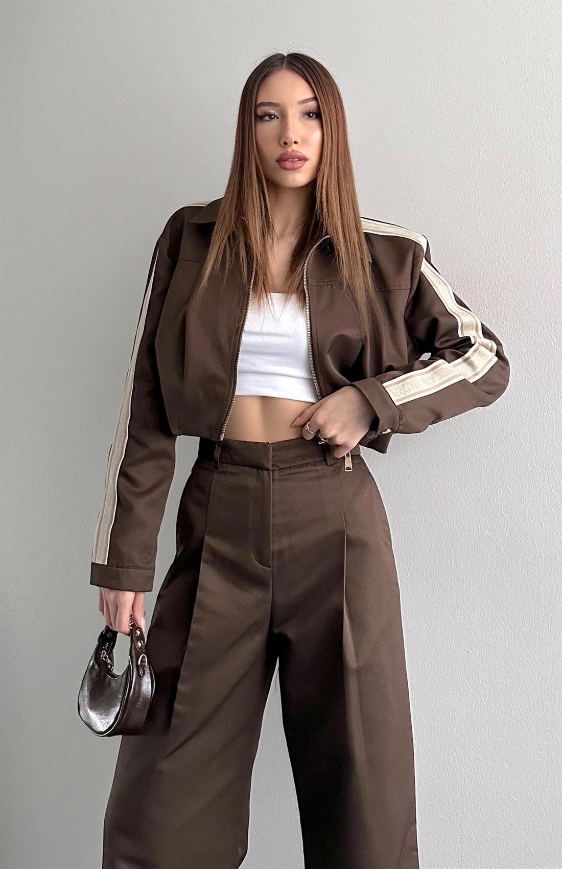 Şerit Detaylı Crop Ceket KAHVERENGİ