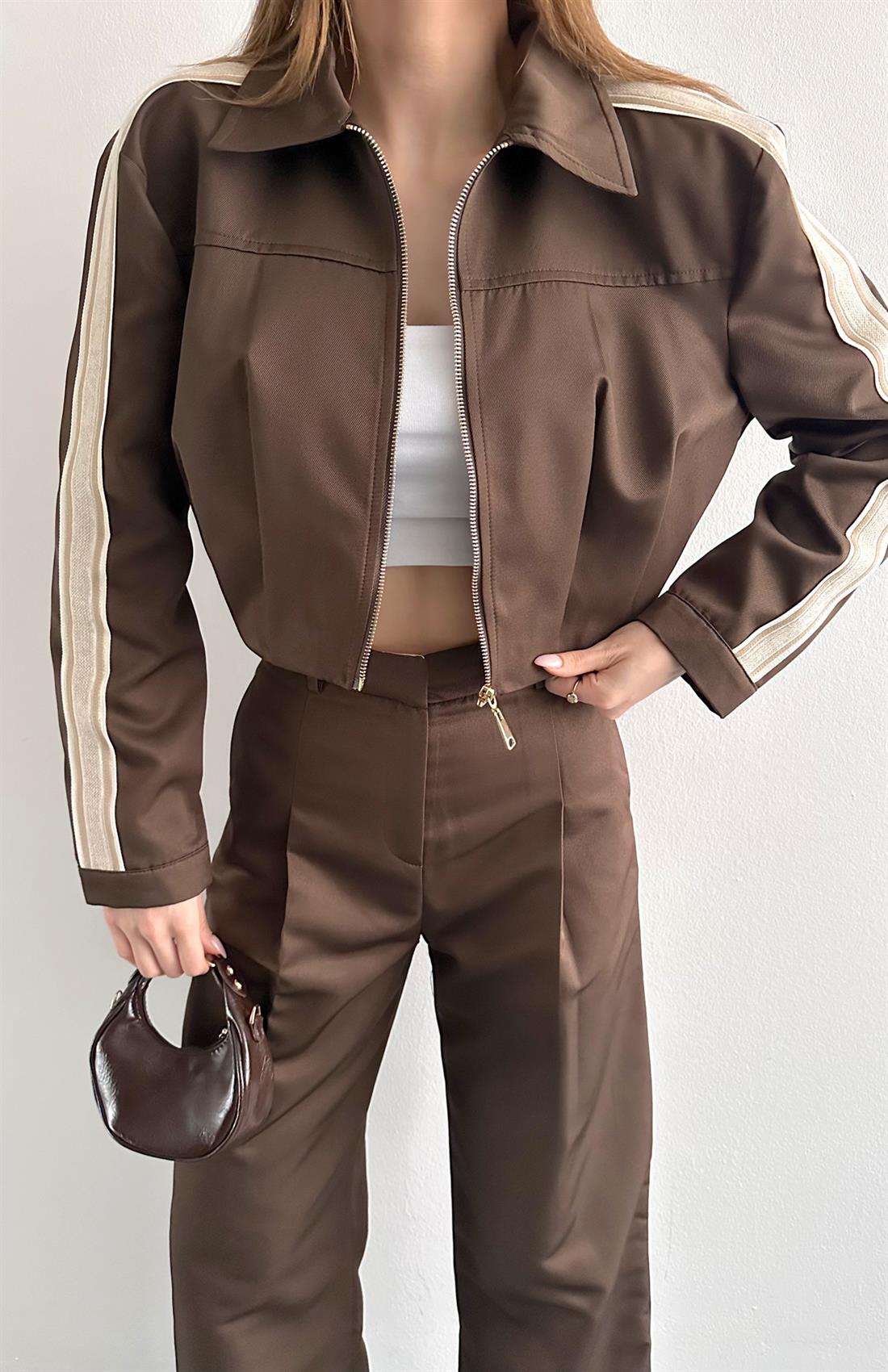 Şerit Detaylı Crop Ceket KAHVERENGİ