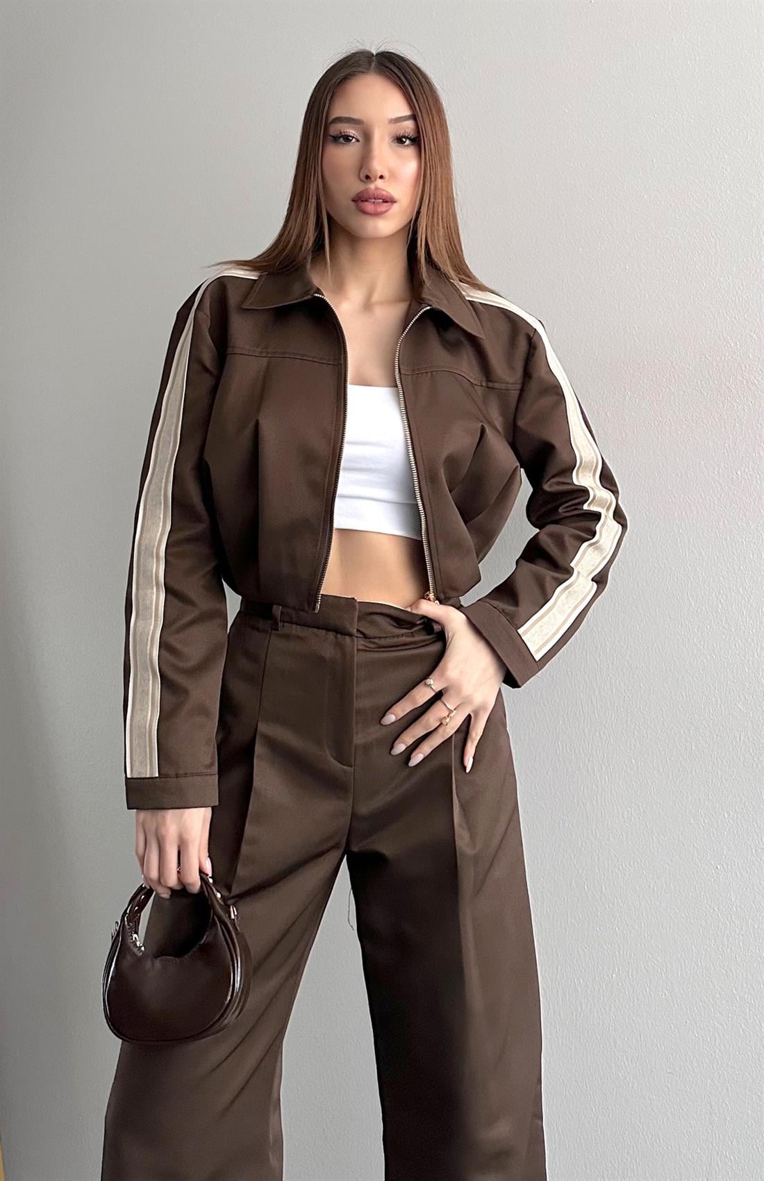 Şerit Detaylı Crop Ceket KAHVERENGİ
