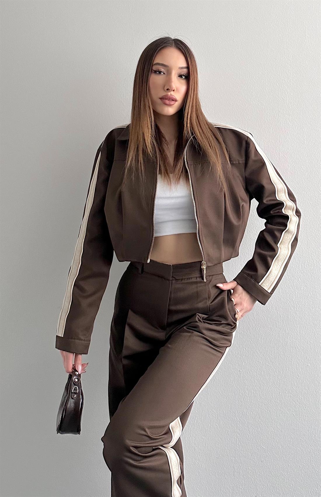 Şerit Detaylı Crop Ceket KAHVERENGİ