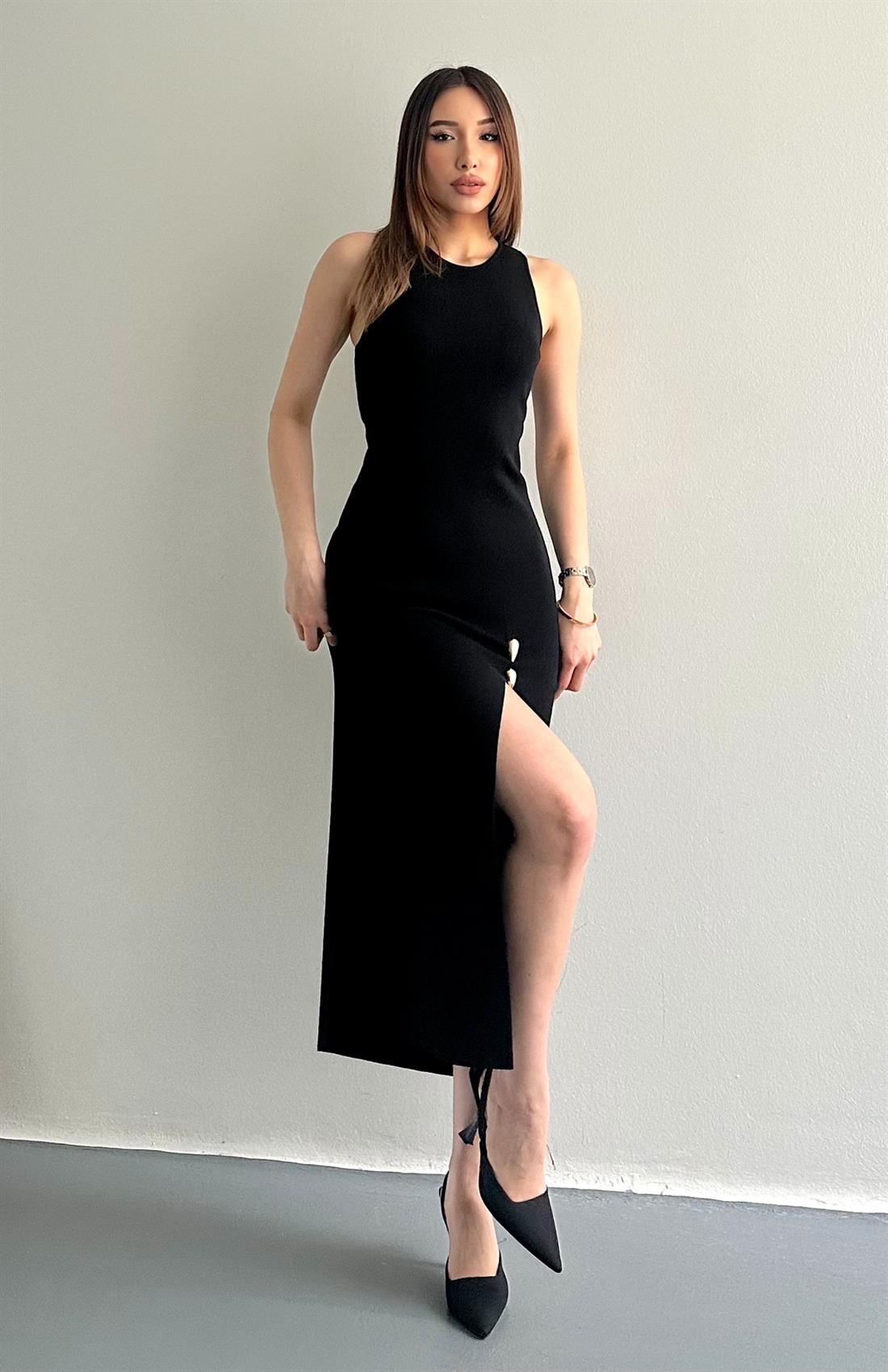 Aksesuar Detaylı Yırtmaç Triko Elbise SİYAH