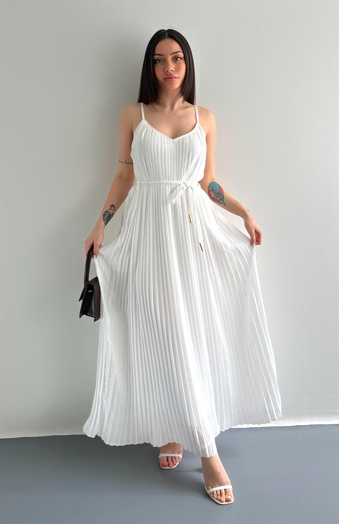 Askılı Pliseli Elbise EKRU