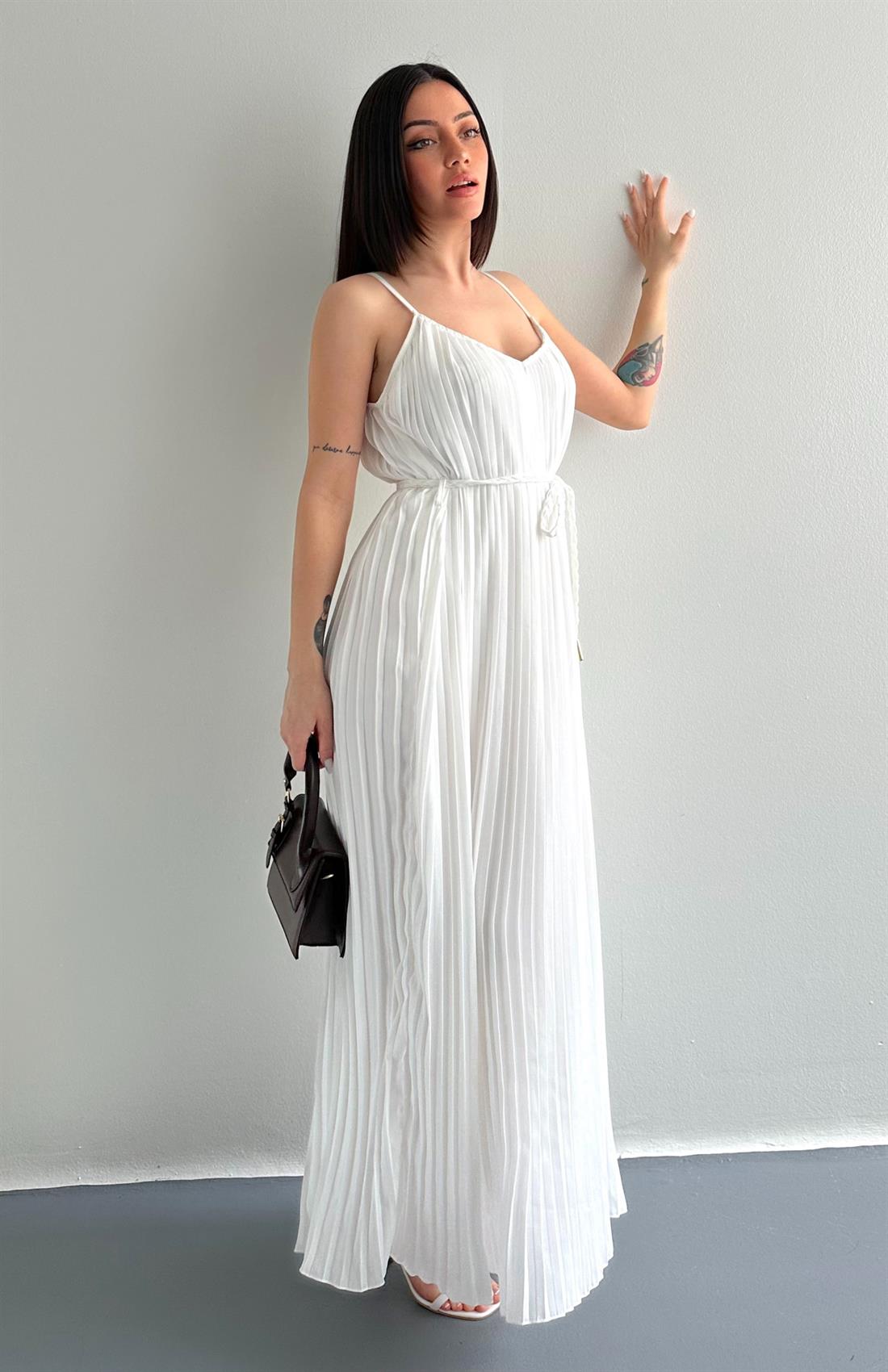 Askılı Pliseli Elbise EKRU