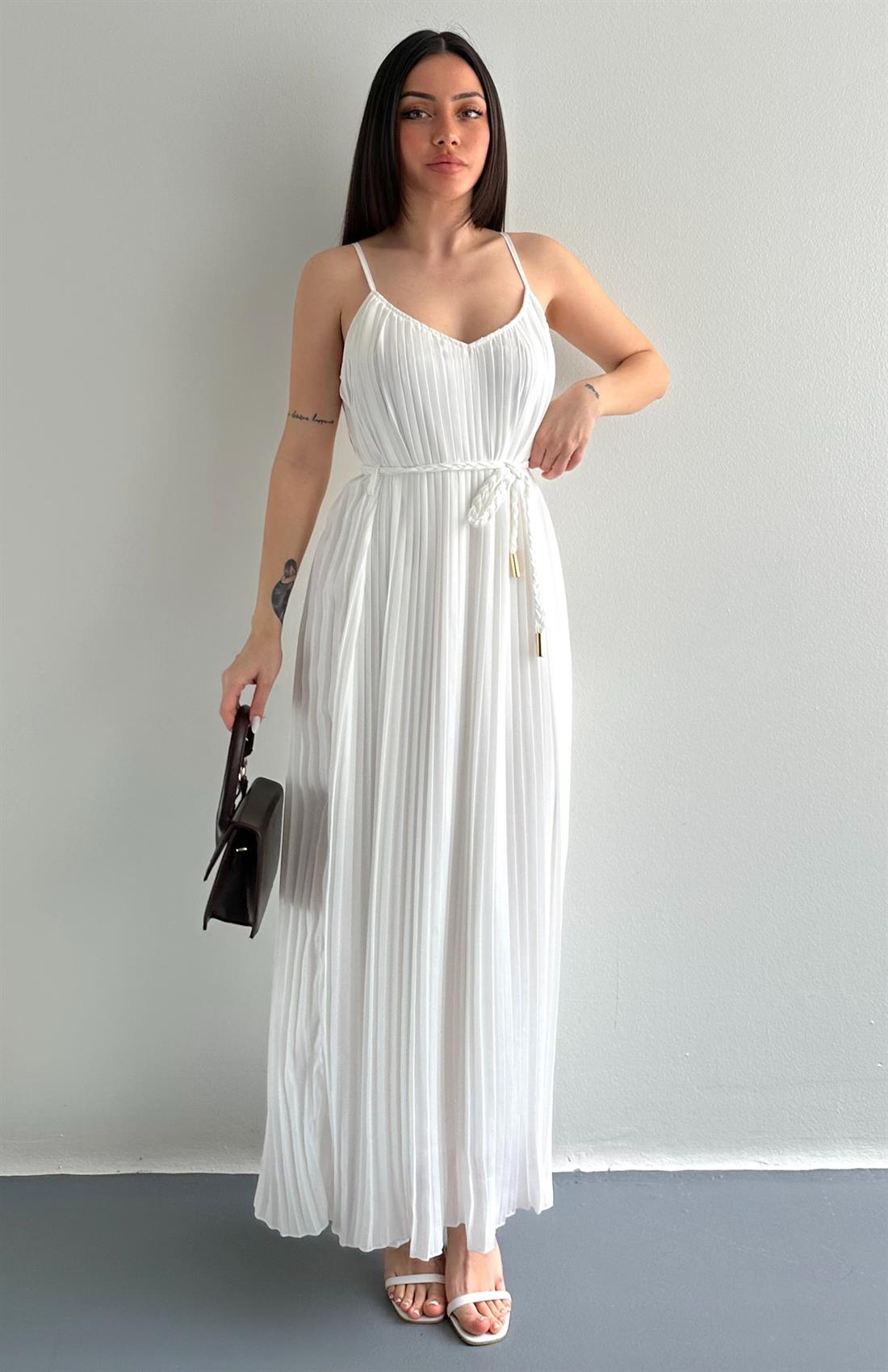 Askılı Pliseli Elbise EKRU
