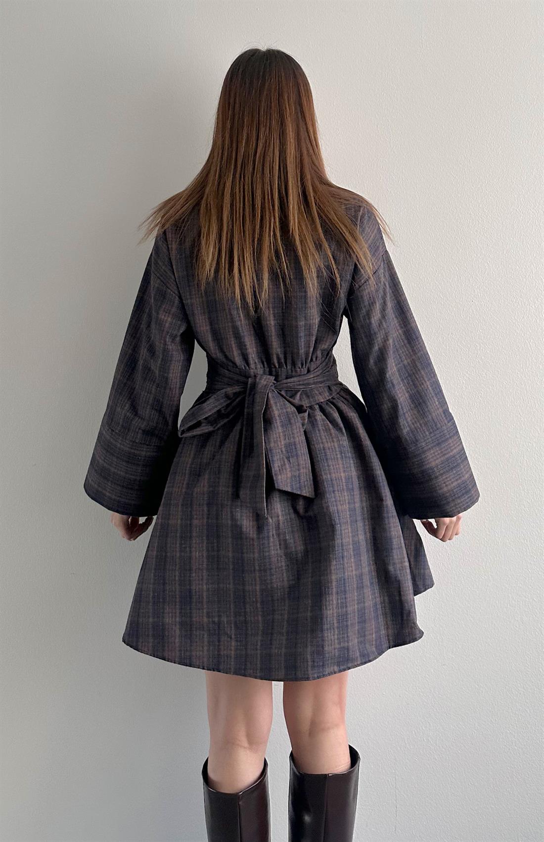 Belden Bağlamalı Elbise Kahve-mavi