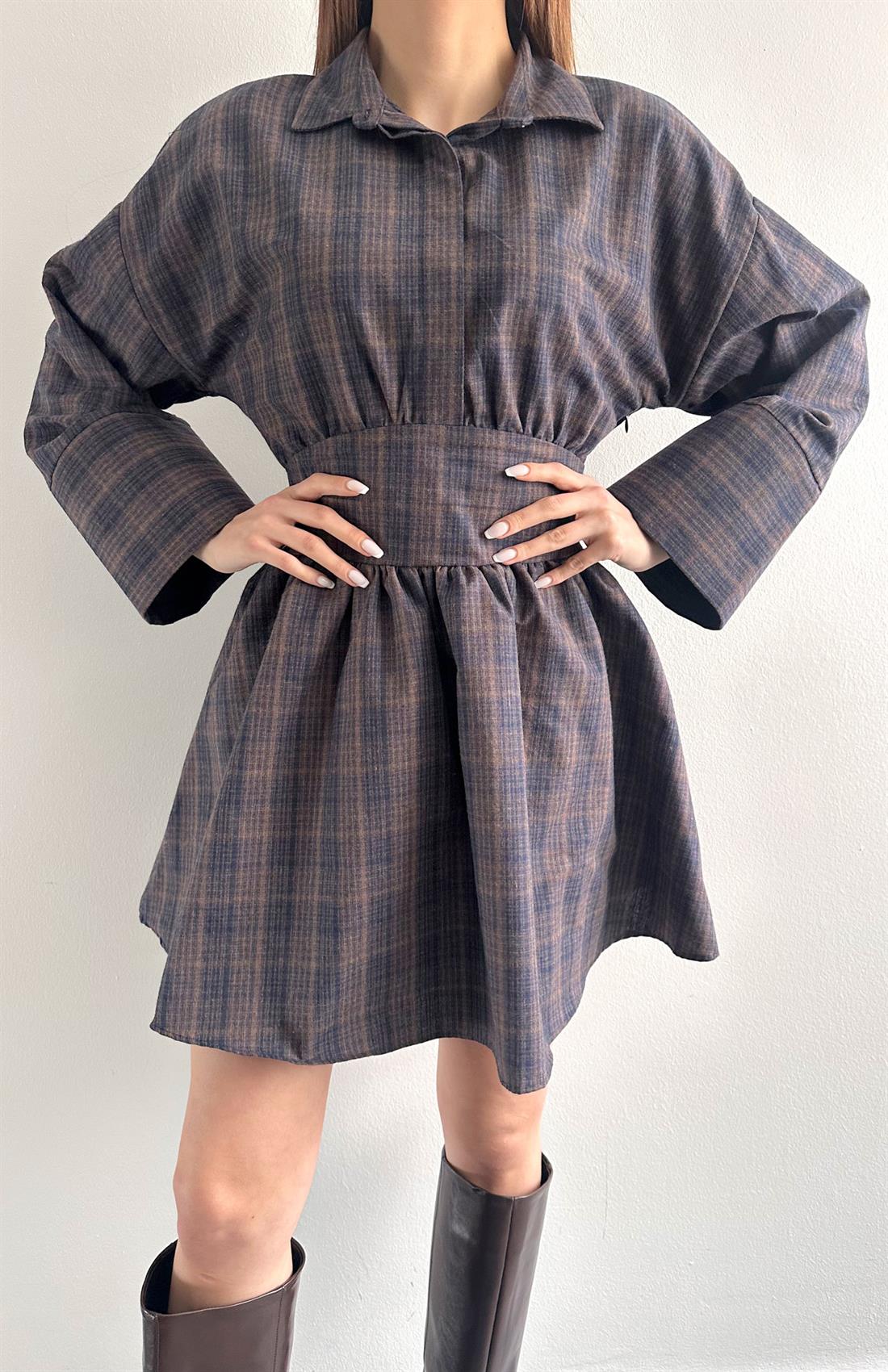 Belden Bağlamalı Elbise Kahve-mavi