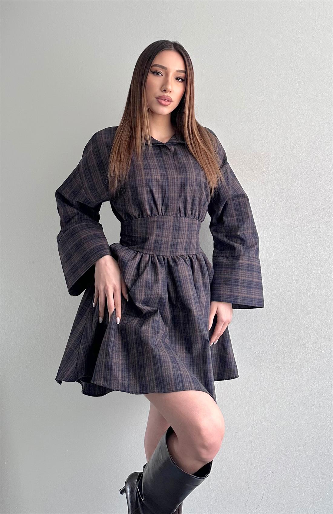 Belden Bağlamalı Elbise Kahve-mavi