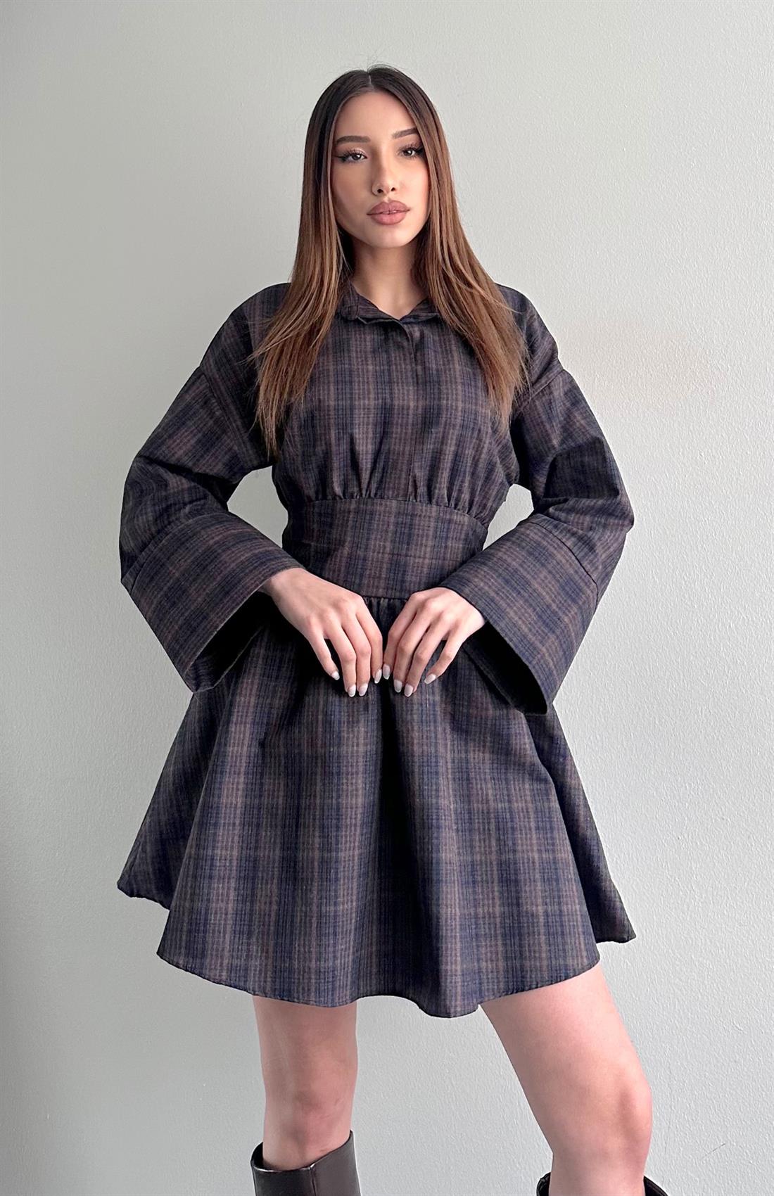 Belden Bağlamalı Elbise Kahve-mavi