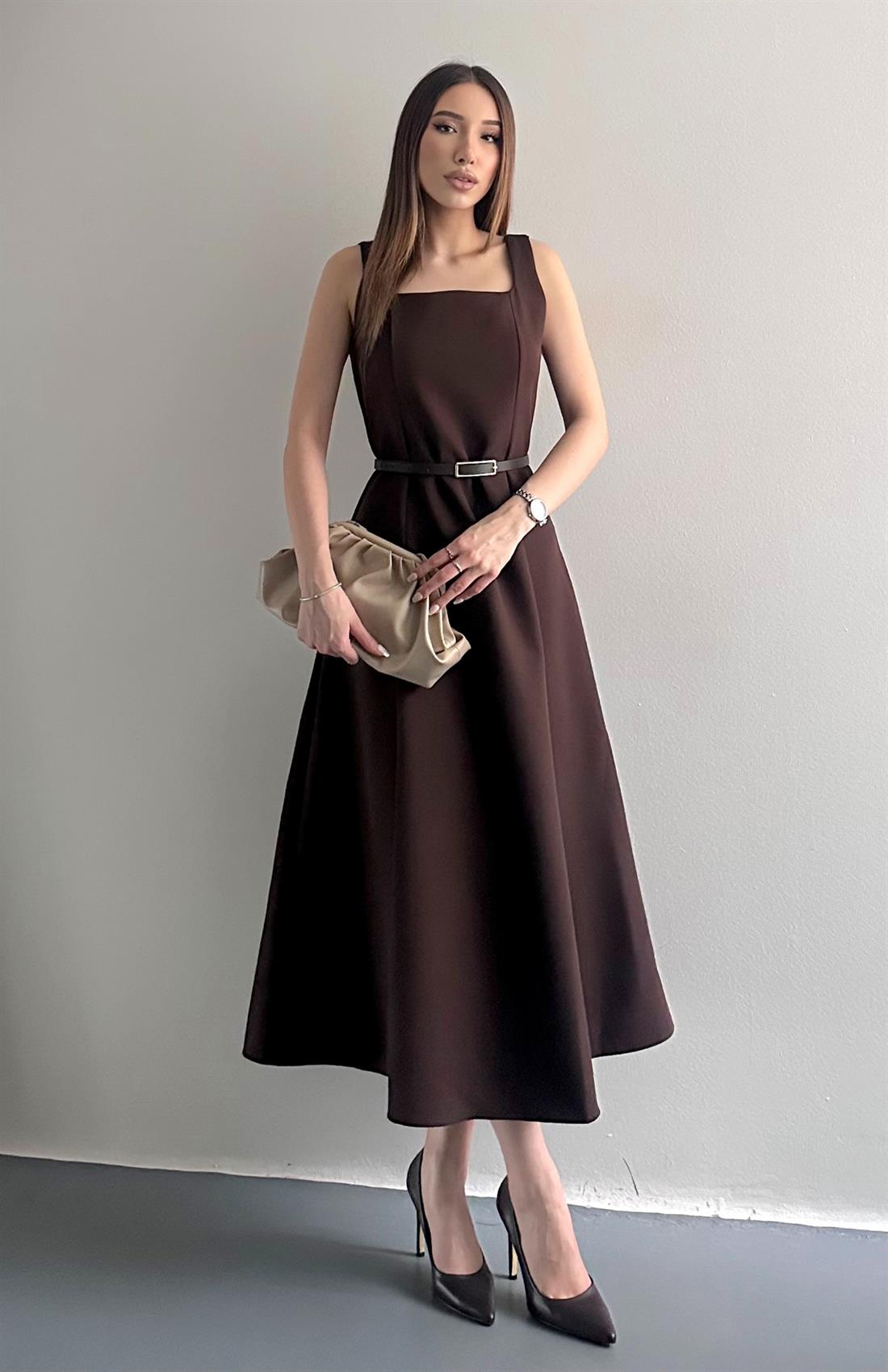 Beli Kemerli Elbise KAHVERENGİ