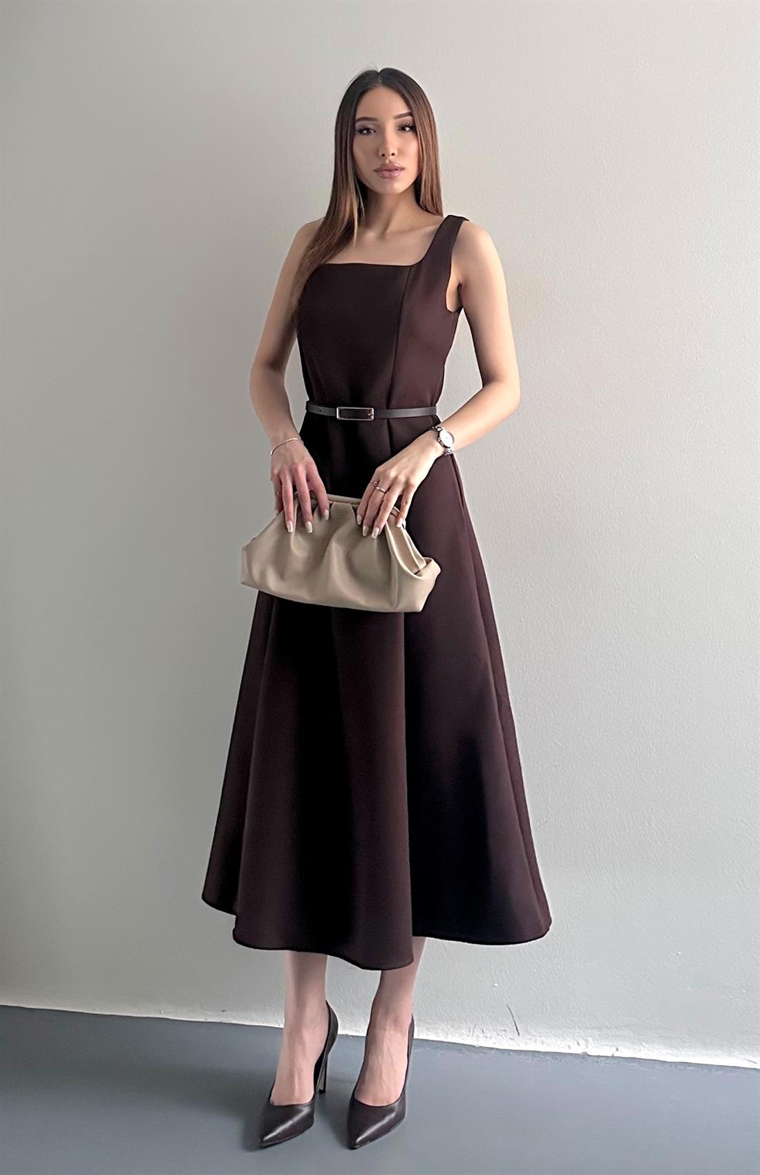 Beli Kemerli Elbise KAHVERENGİ