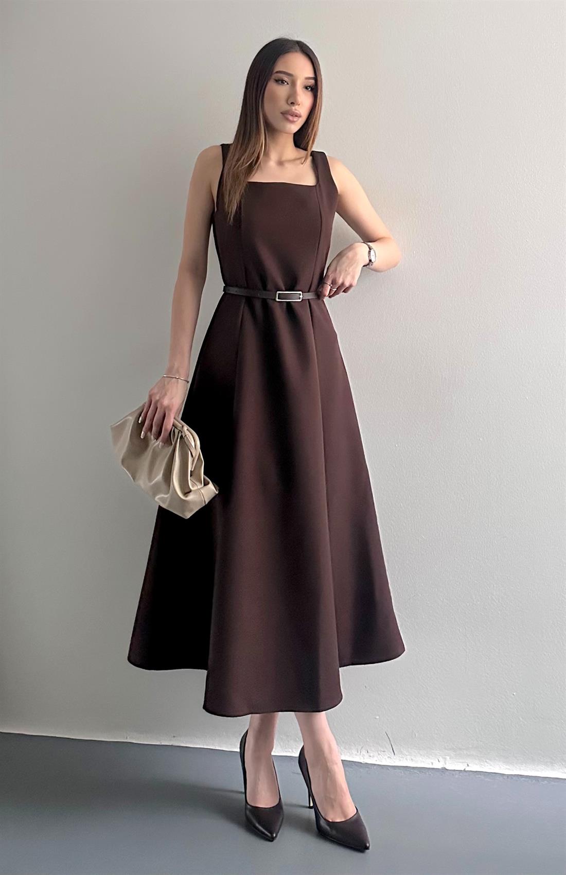 Beli Kemerli Elbise KAHVERENGİ