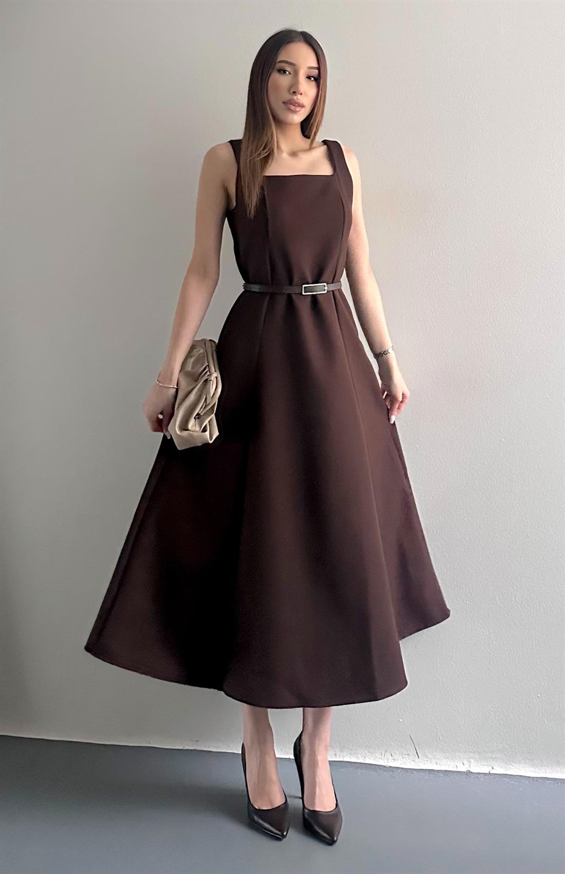 Beli Kemerli Elbise KAHVERENGİ