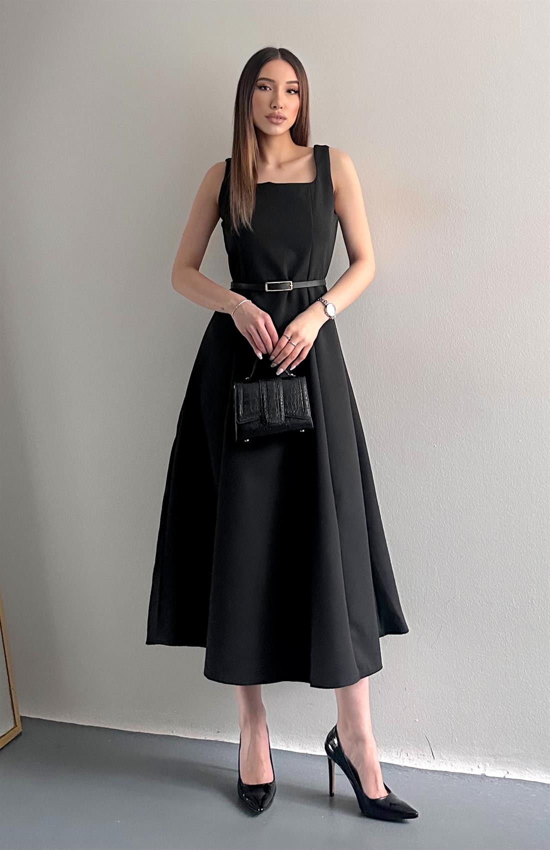 Beli Kemerli Elbise SİYAH