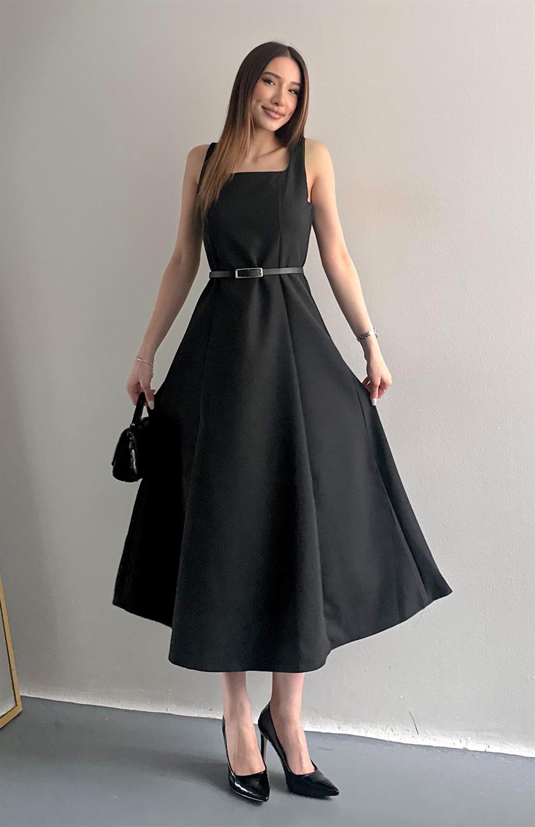 Beli Kemerli Elbise SİYAH