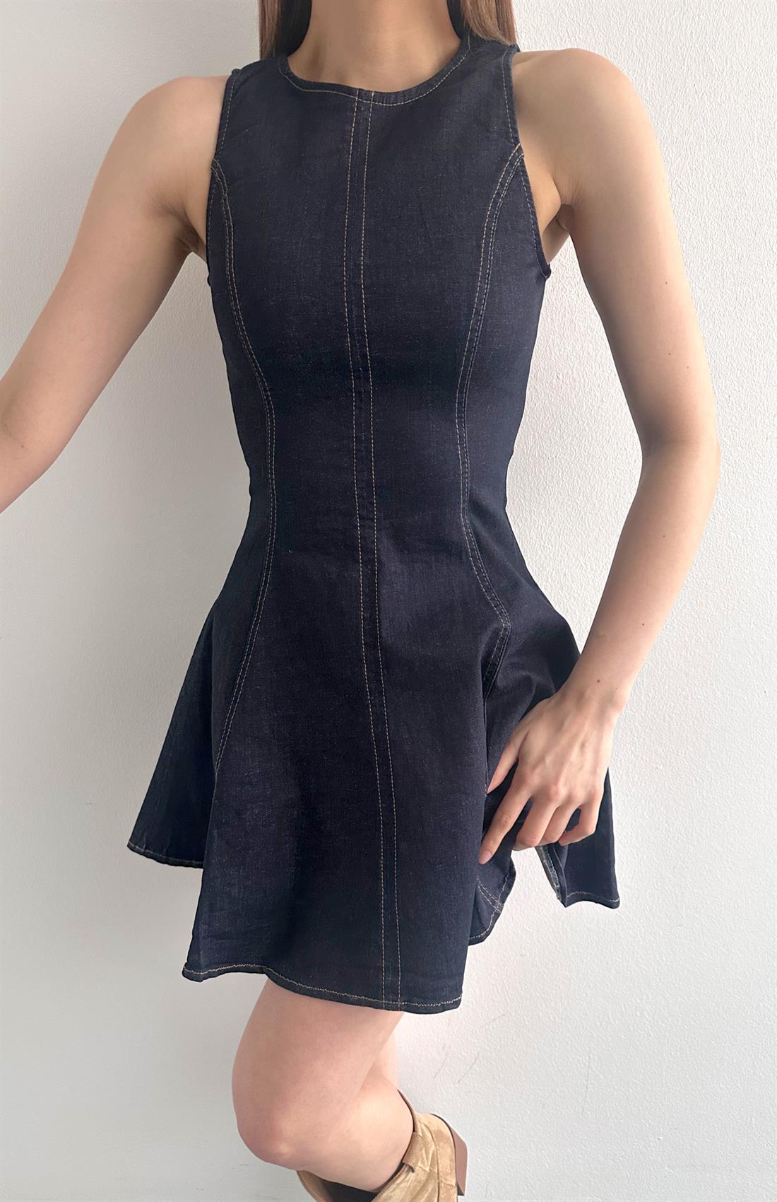 Bisiklet Yaka Arka Fermuarlı Denim Elbise LACİVERT