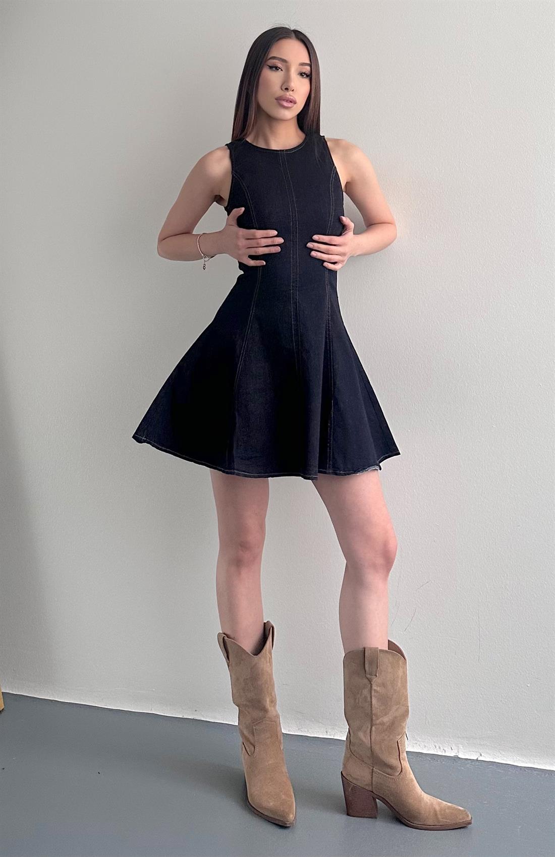 Bisiklet Yaka Arka Fermuarlı Denim Elbise LACİVERT