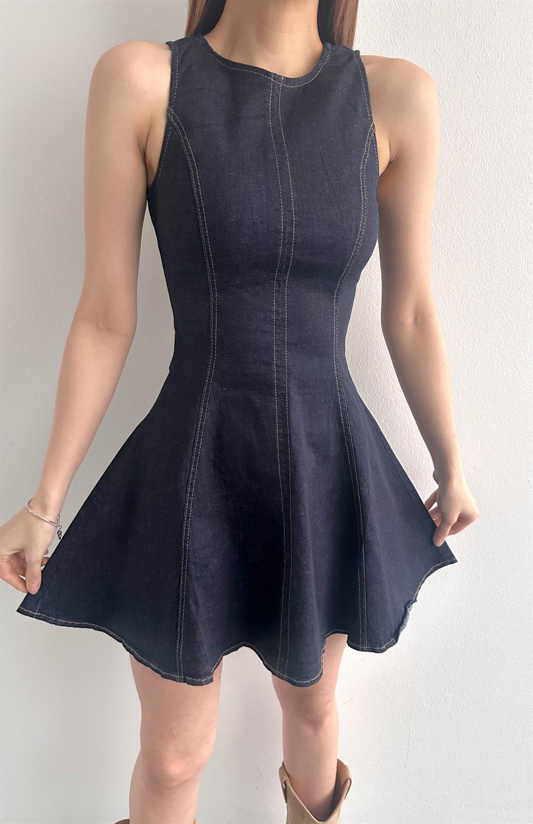 Bisiklet Yaka Arka Fermuarlı Denim Elbise LACİVERT