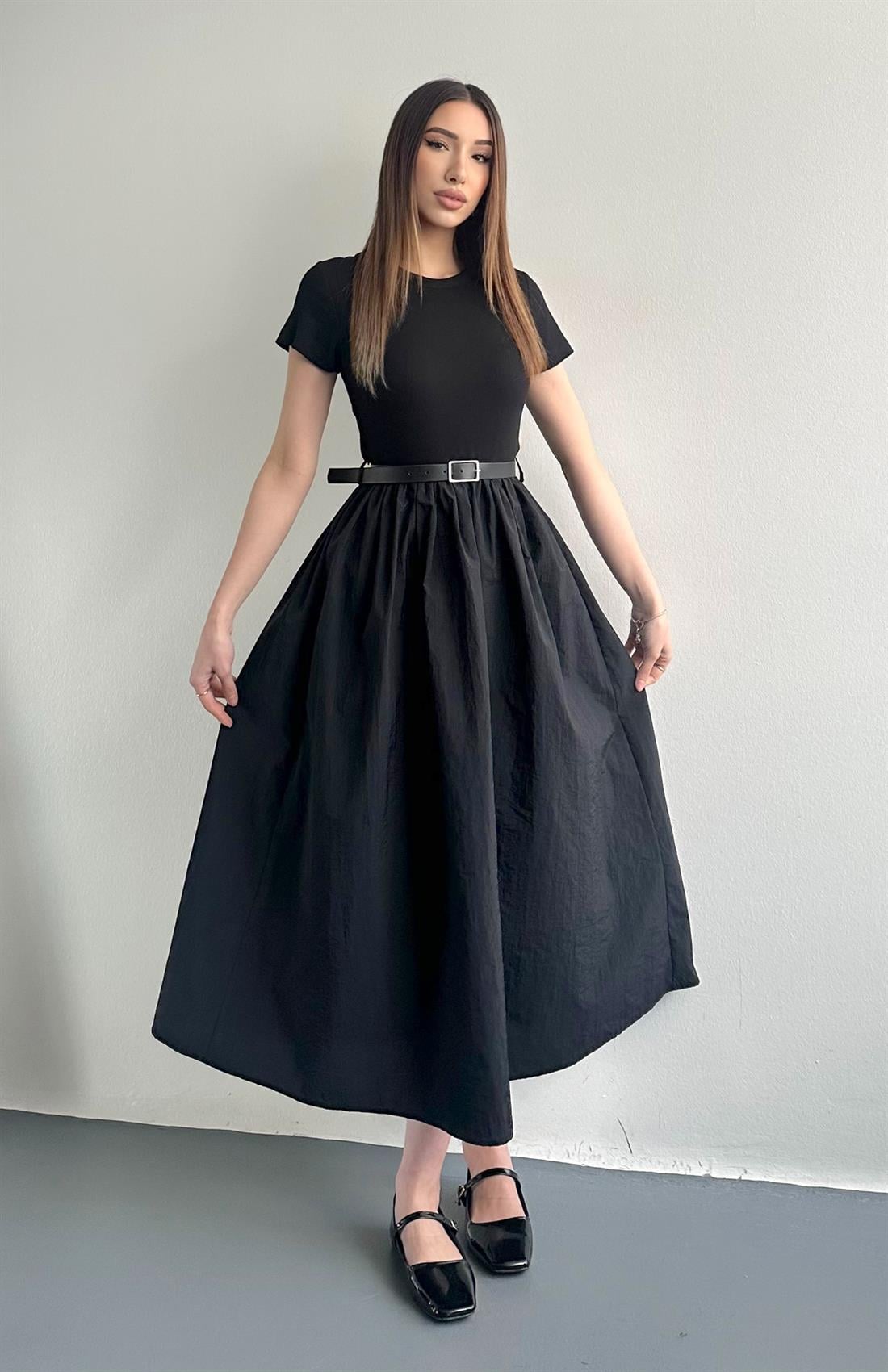 Bisiklet Yaka Matchli Elbise SİYAH