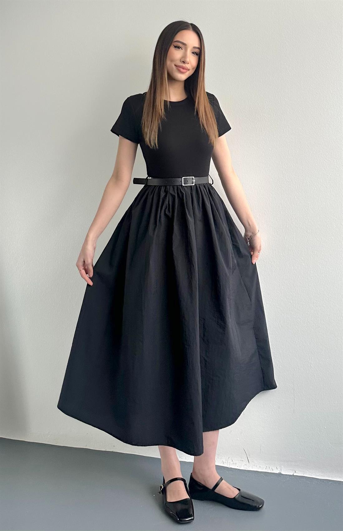 Bisiklet Yaka Matchli Elbise SİYAH