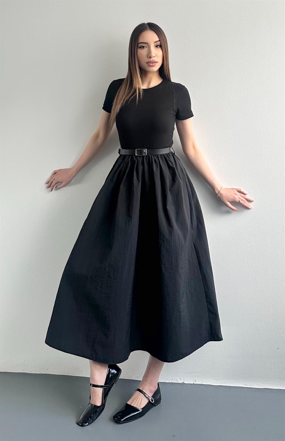 Bisiklet Yaka Matchli Elbise SİYAH