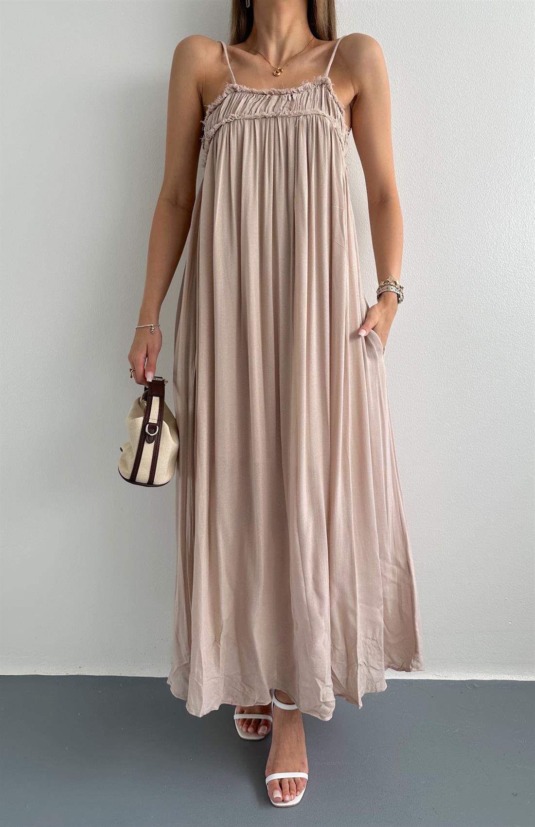 Büzgülü Askılı Cepli Uzun Elbise BEJ