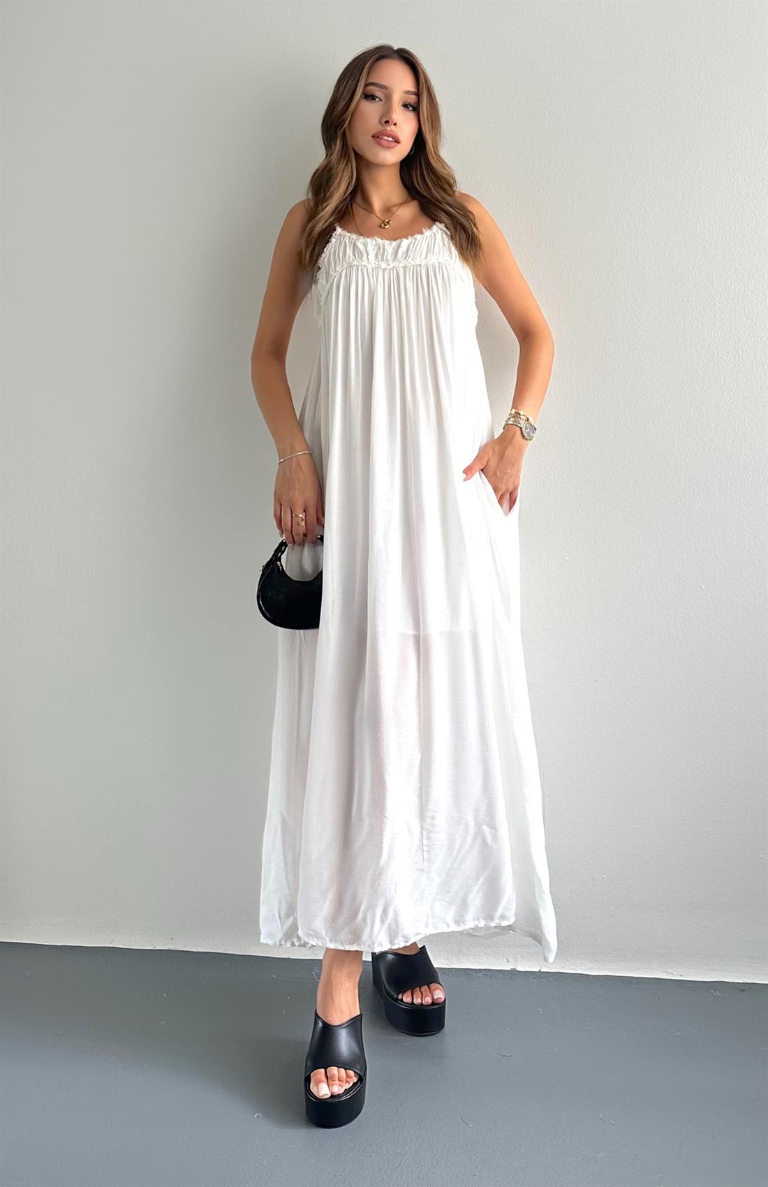 Büzgülü Askılı Cepli Uzun Elbise EKRU