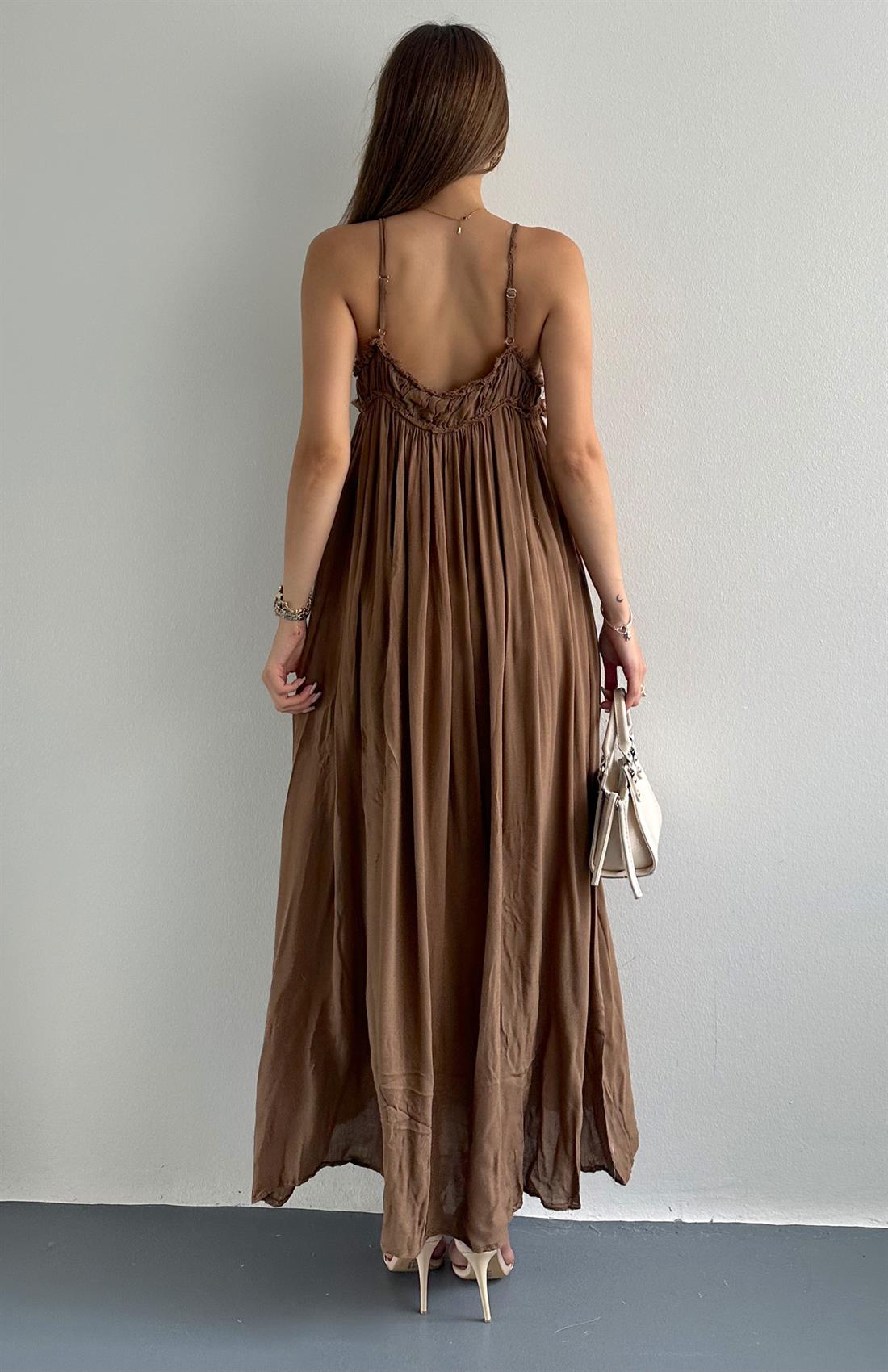 Büzgülü Askılı Cepli Uzun Elbise KAHVERENGİ