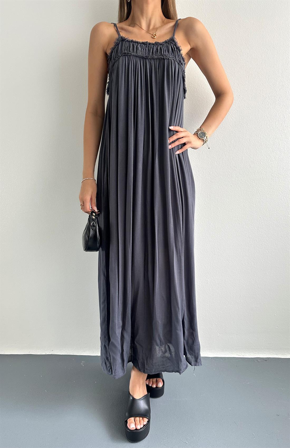 Büzgülü Askılı Cepli Uzun Elbise ANTRASİT
