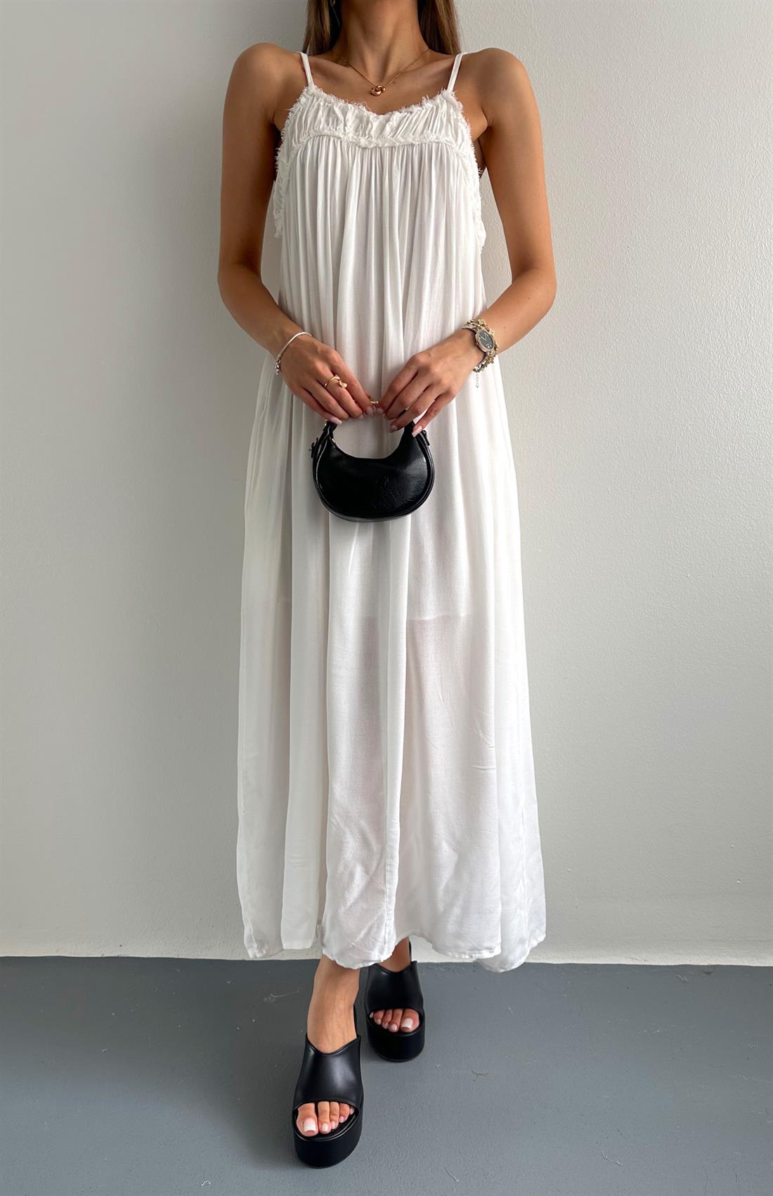 Büzgülü Askılı Cepli Uzun Elbise EKRU