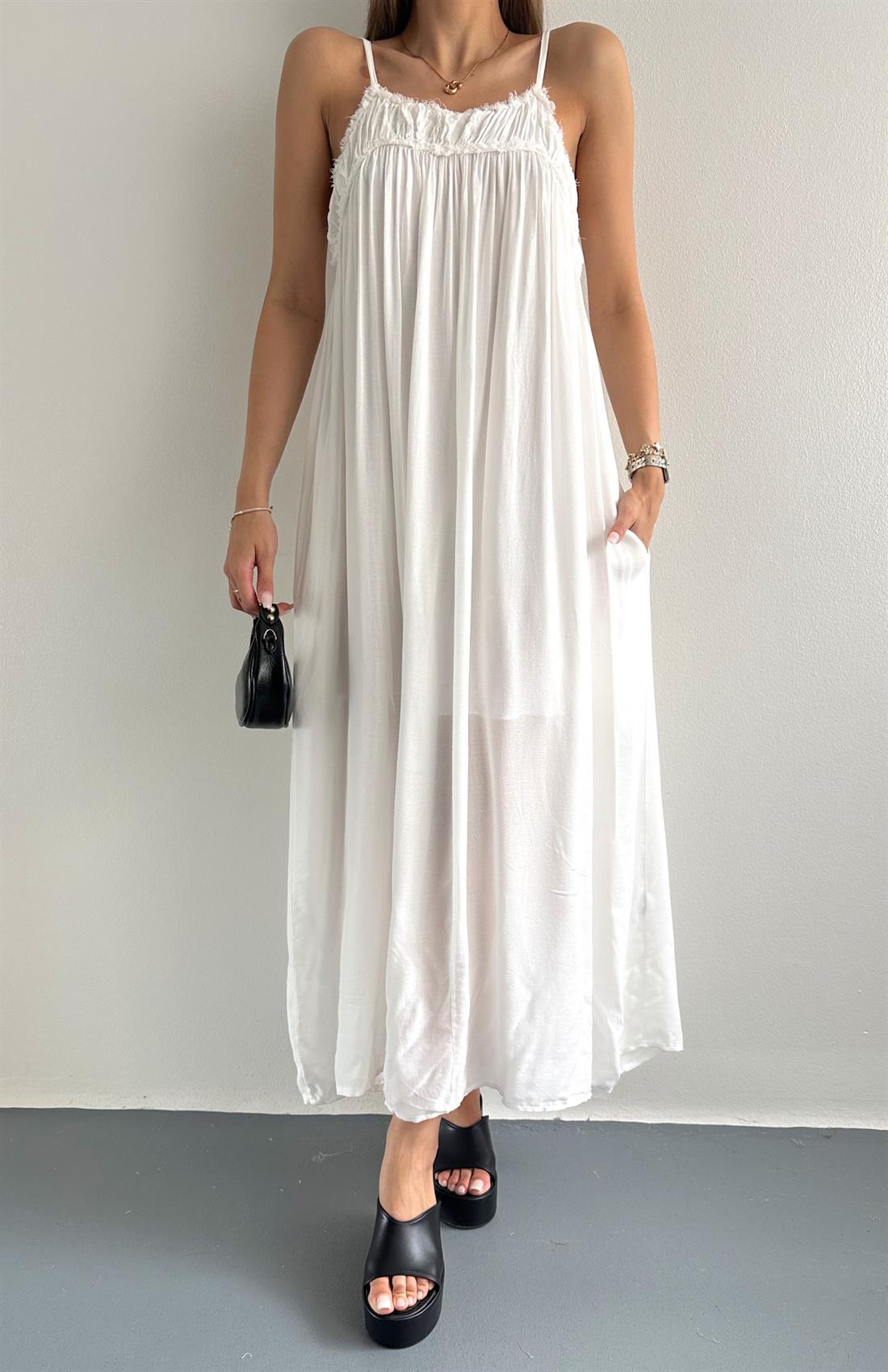 Büzgülü Askılı Cepli Uzun Elbise EKRU