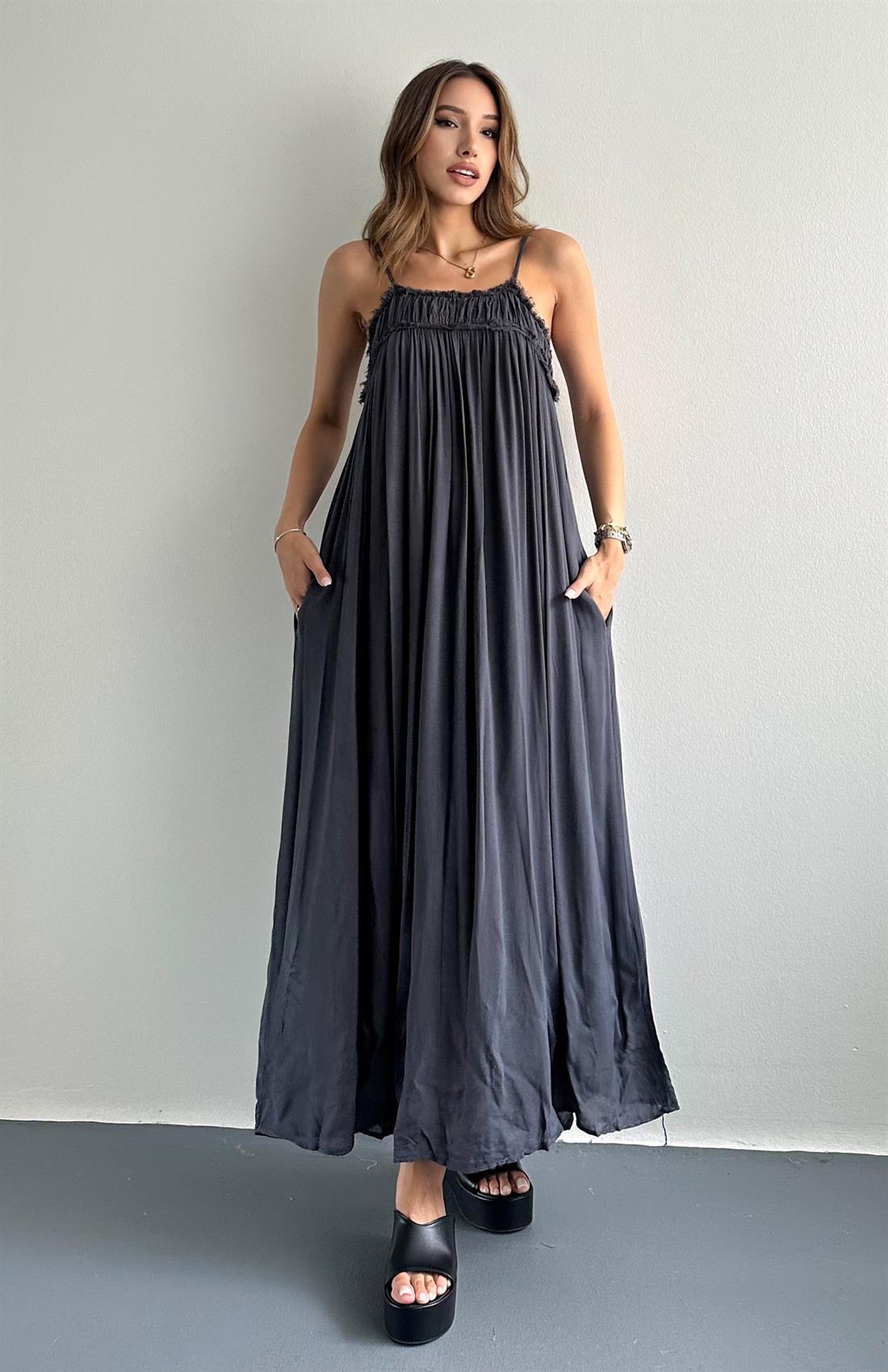 Büzgülü Askılı Cepli Uzun Elbise ANTRASİT