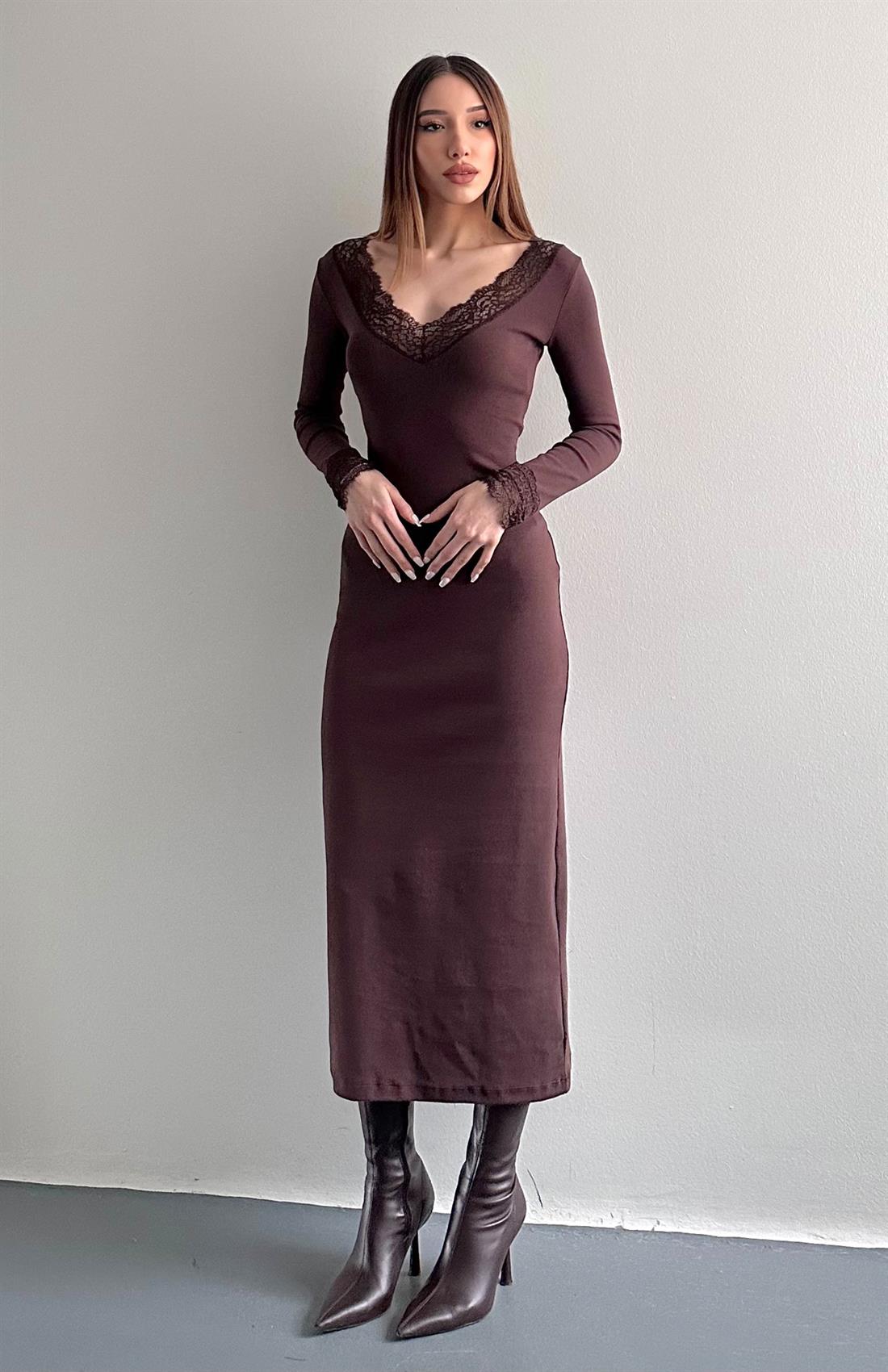 Dantel Detaylı Elbise KAHVERENGİ