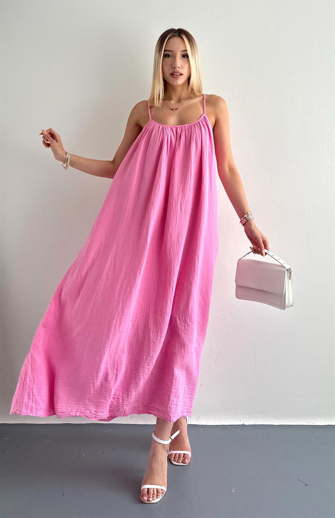 İp Askılı Muslin Elbise ŞEKER PEMBE