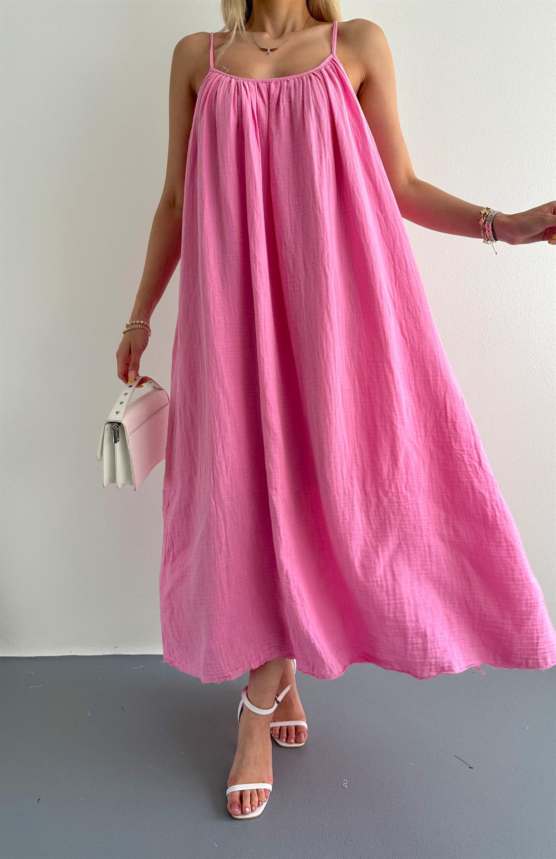 İp Askılı Muslin Elbise ŞEKER PEMBE