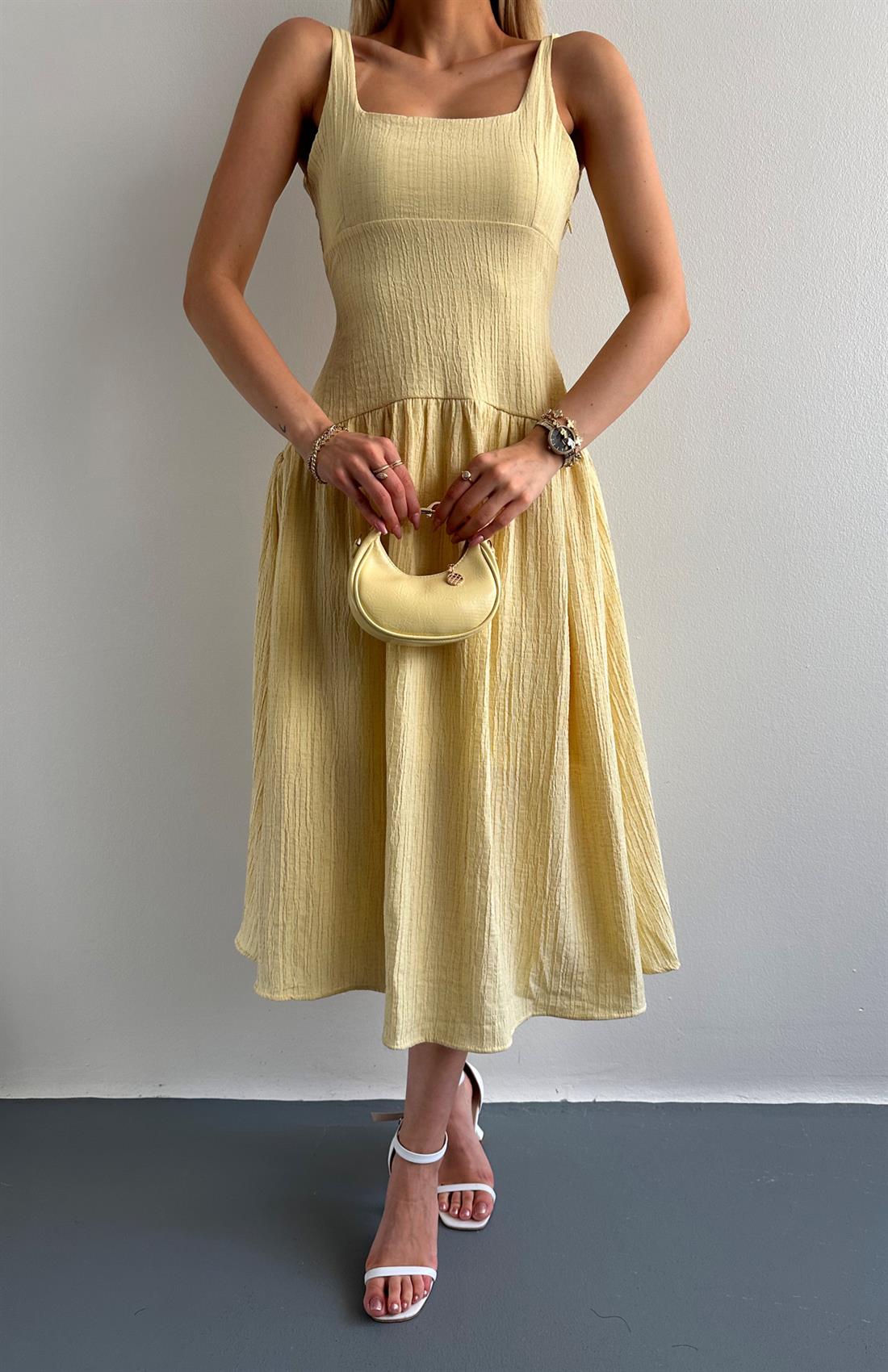 Kalın Askılı Kare Yaka Elbise SARI