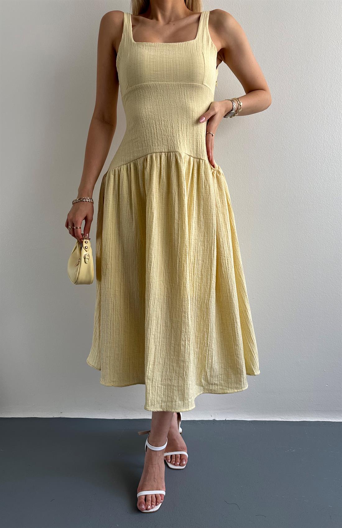 Kalın Askılı Kare Yaka Elbise SARI