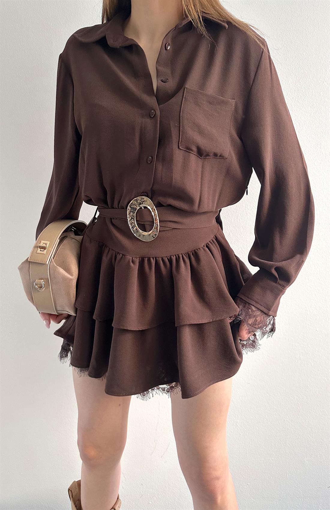 Kemerli Dantel Detaylı Elbise KAHVERENGİ