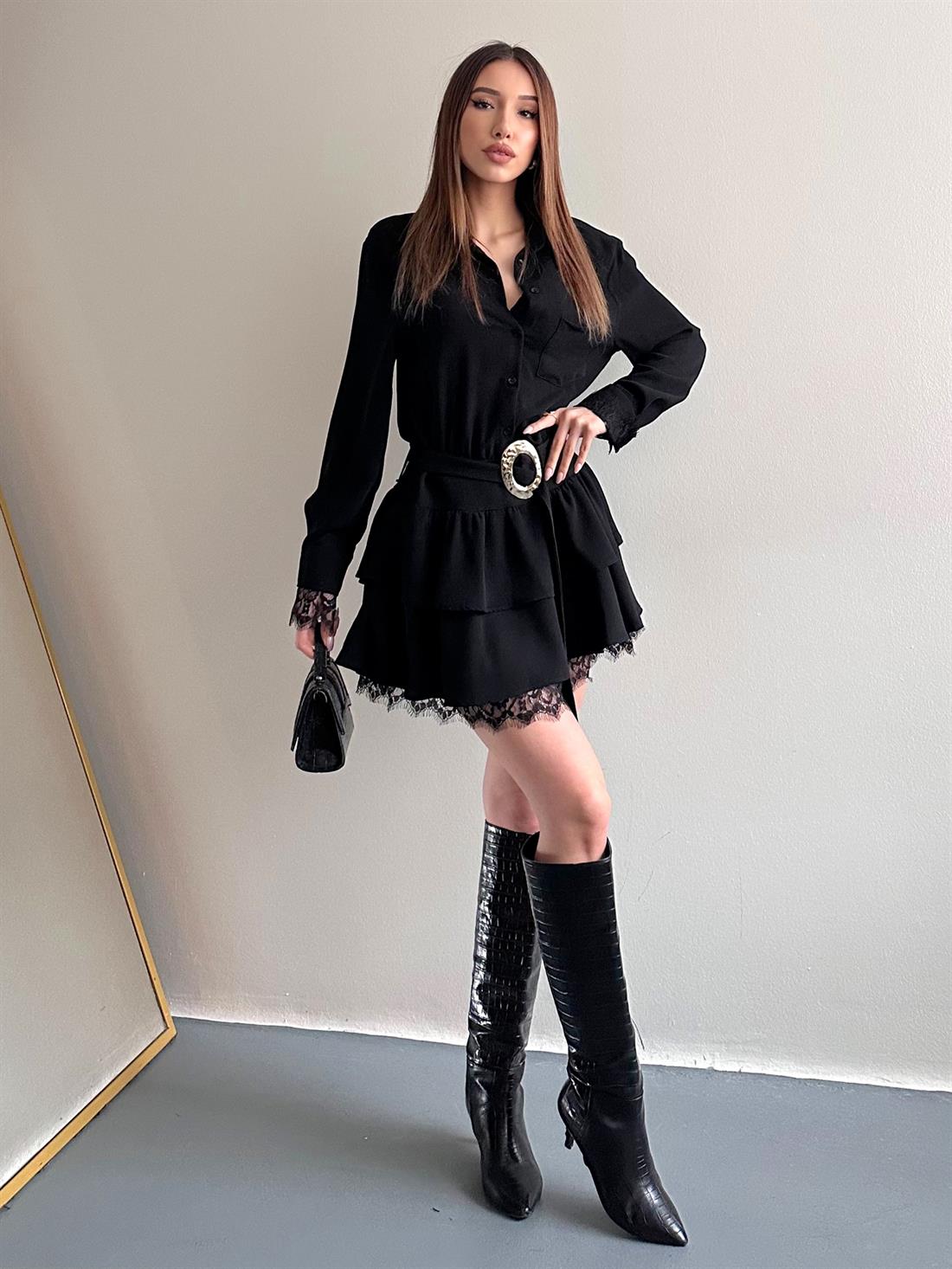 Kemerli Dantel Detaylı Elbise SİYAH