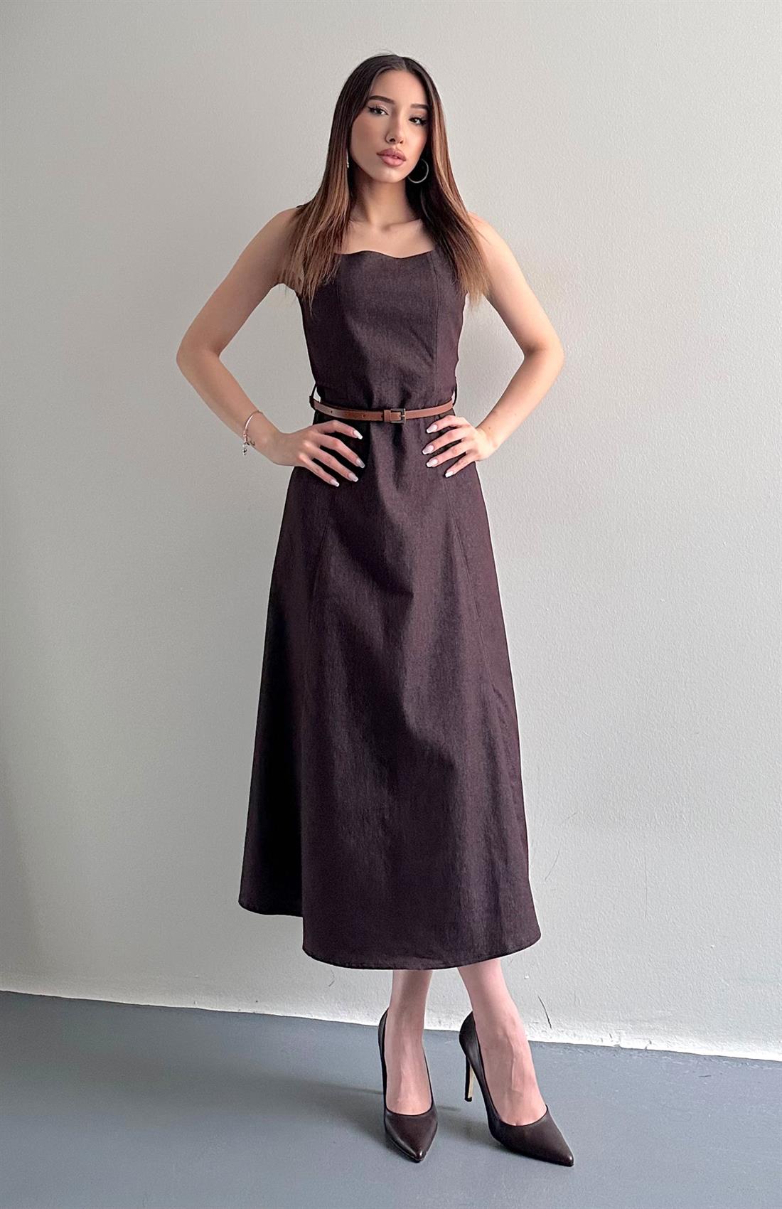 Kemerli Kolsuz Midi  Boy Elbise KAHVERENGİ