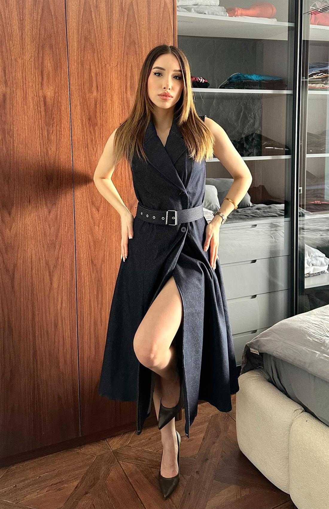 Kemerli Kolsuz Midi Boy Elbise LACİVERT