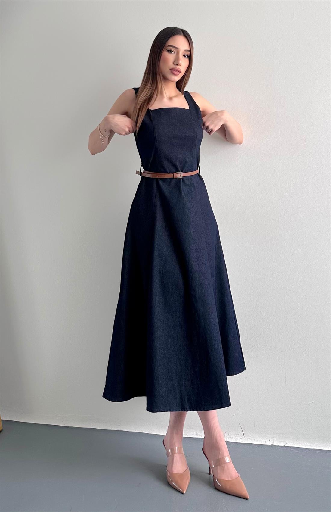 Kemerli Kolsuz Midi  Boy Elbise LACİVERT