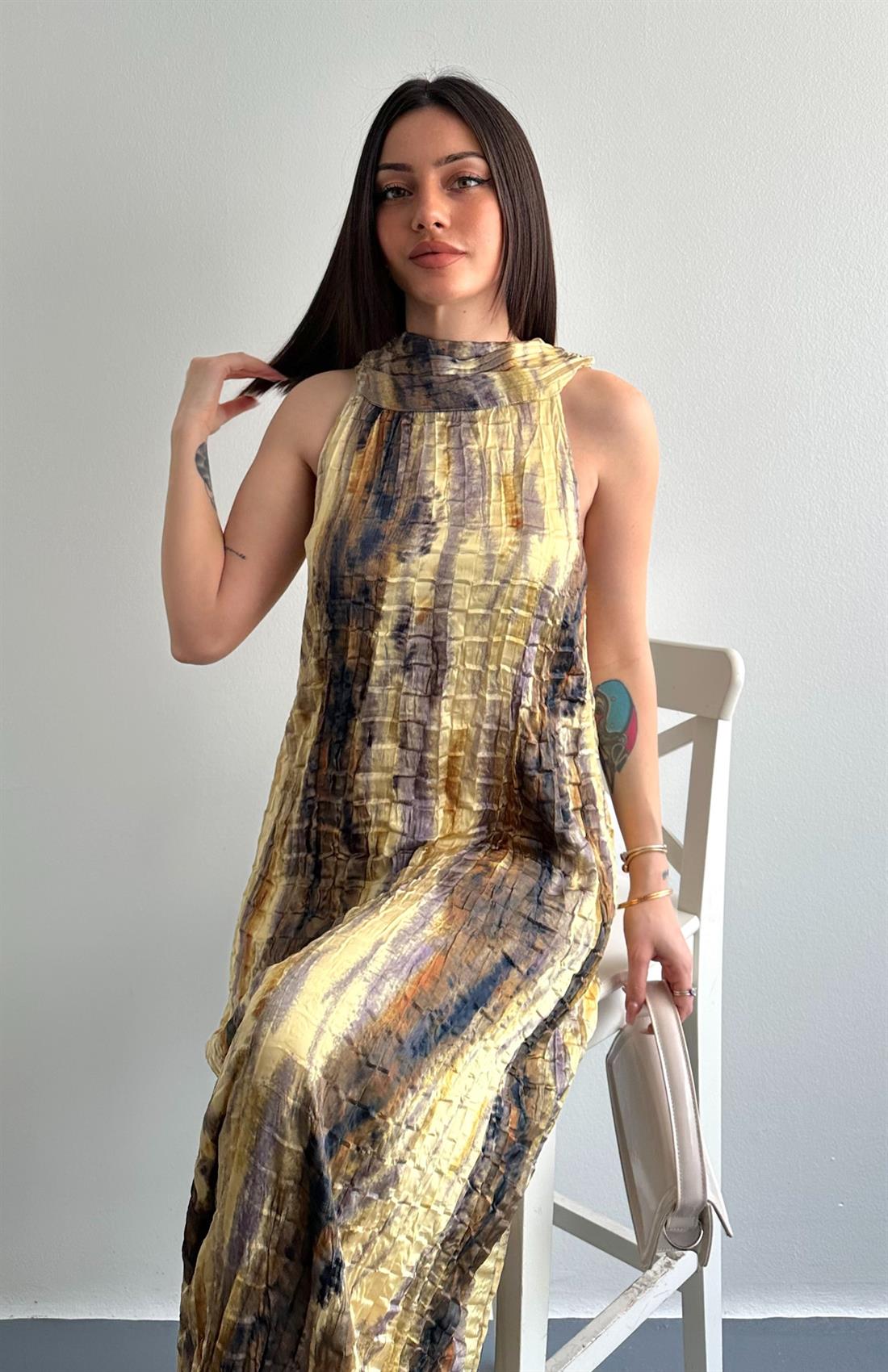 Kraşlı Düğmeli Elbise SARI