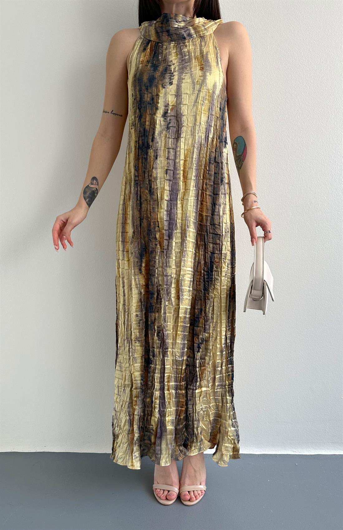 Kraşlı Düğmeli Elbise SARI